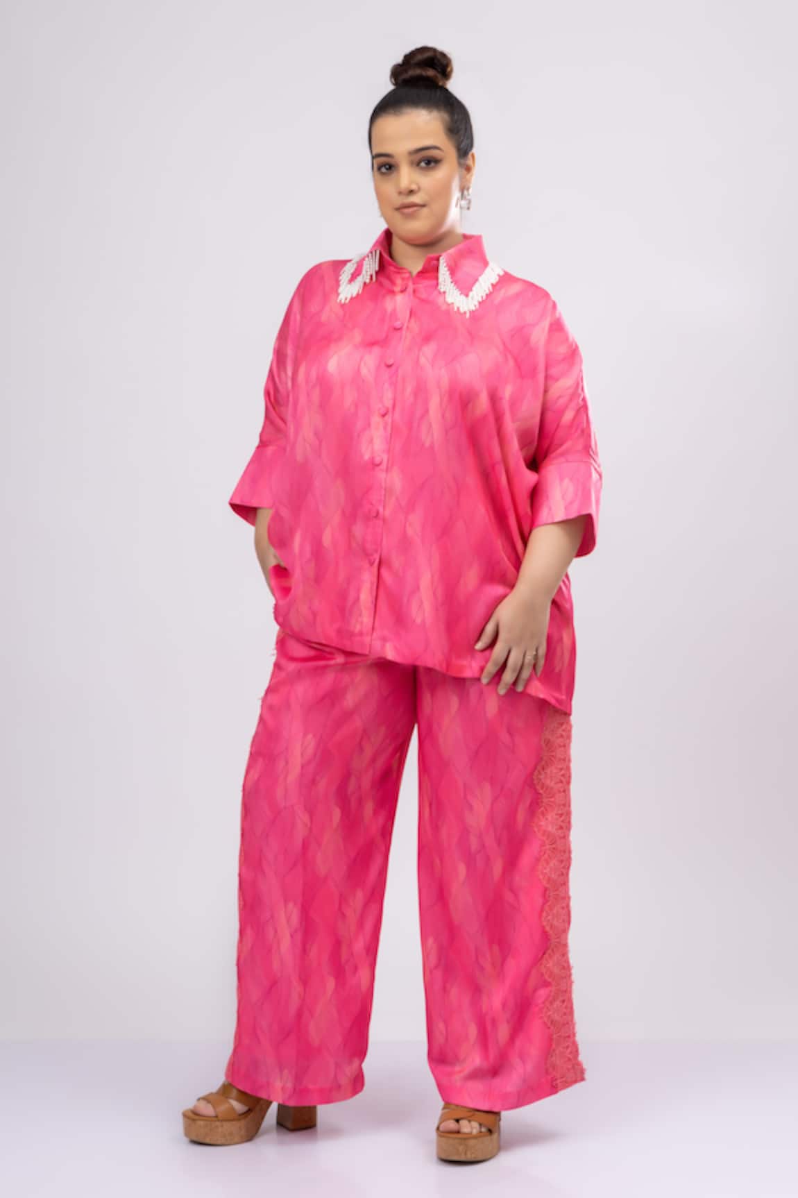 Mamicha Pink Satin Crepe Co-Ord Set 