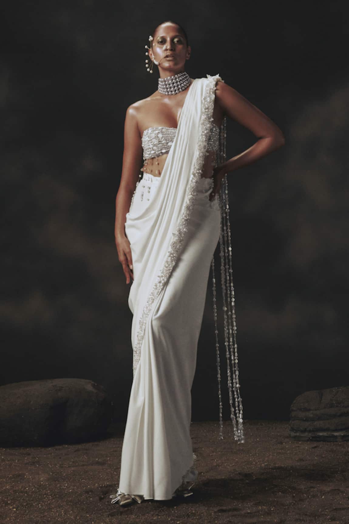 Nikhil Thampi White Beaded Pre-Draped Saree Set 