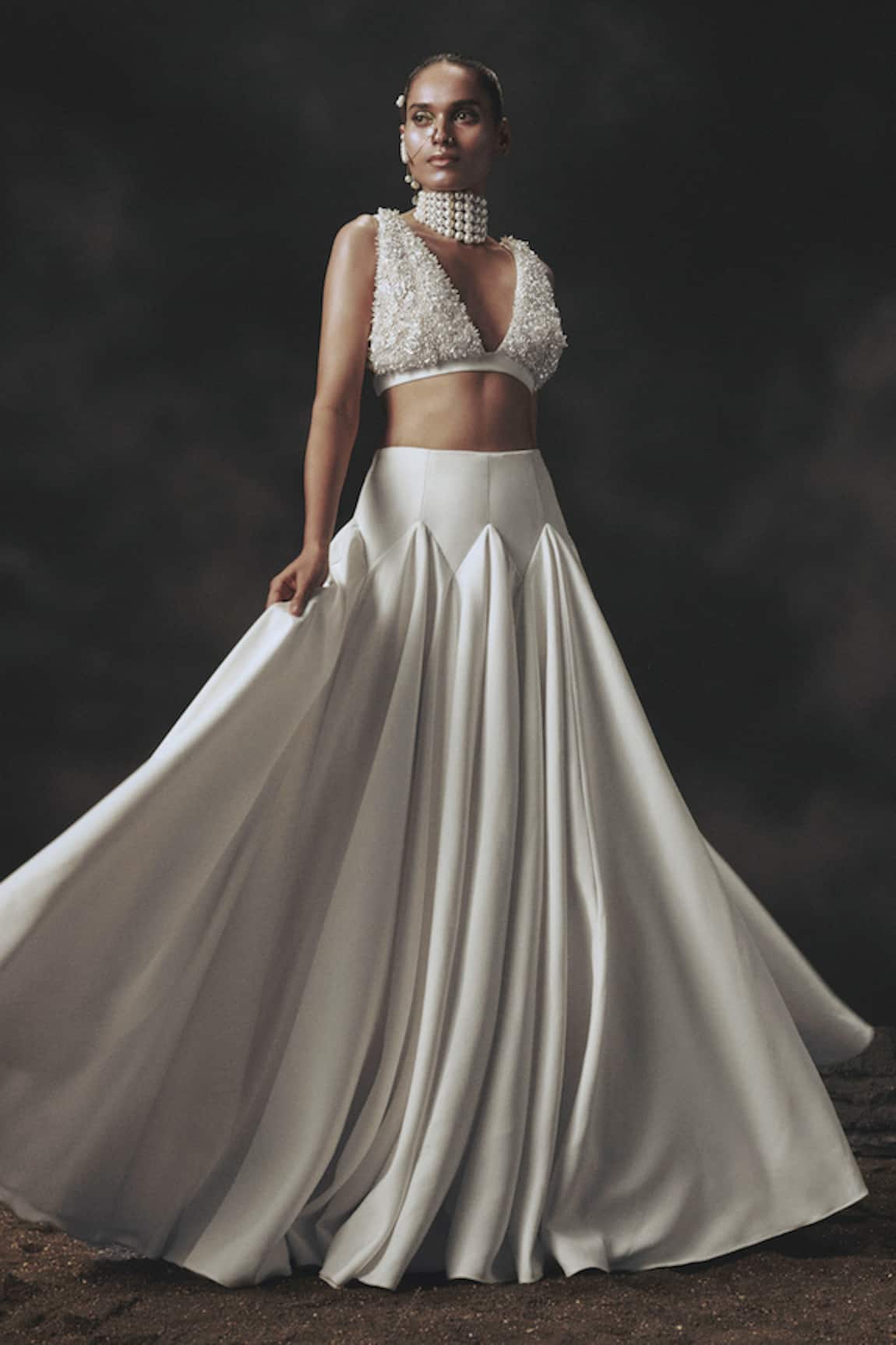 Nikhil Thampi White 3D Flower Embroidered Lehenga Set 