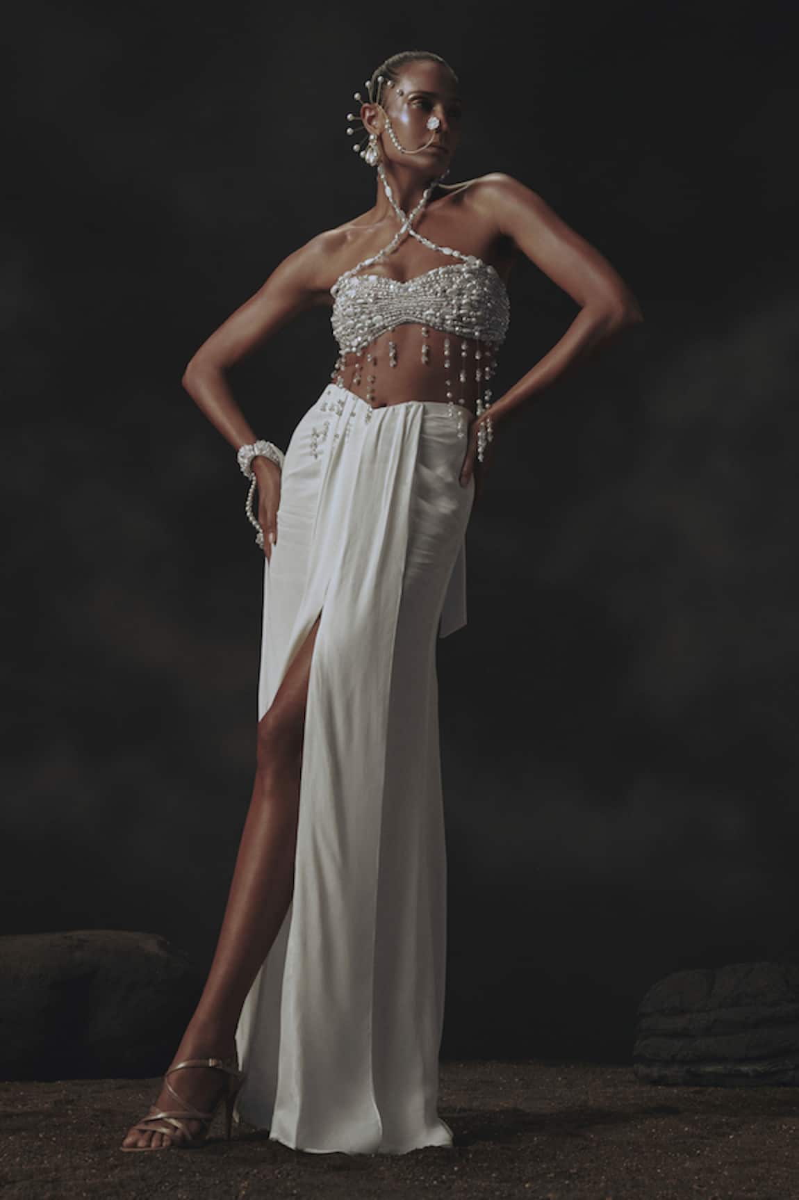Nikhil Thampi White Beaded Draped Skirt & Blouse Set 