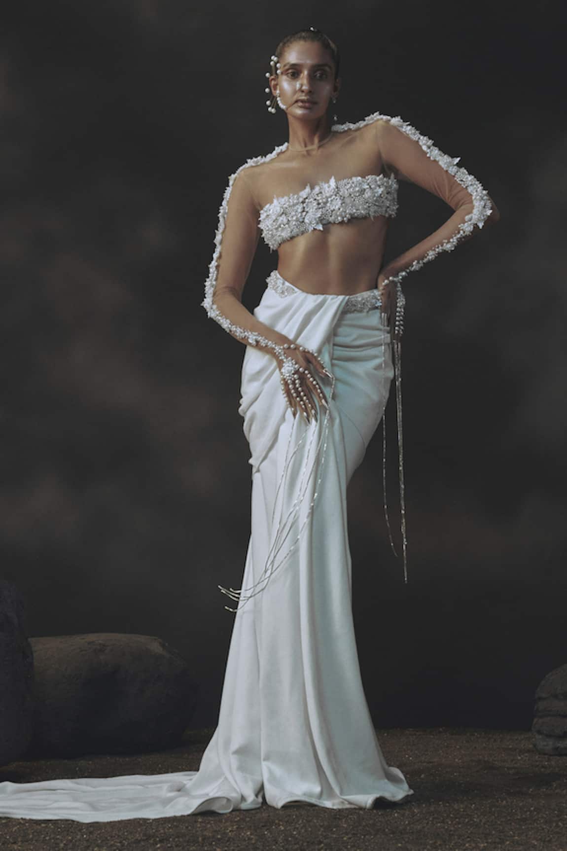 Nikhil Thampi White 3D Flower Embroidered Draped Skirt & Blouse 