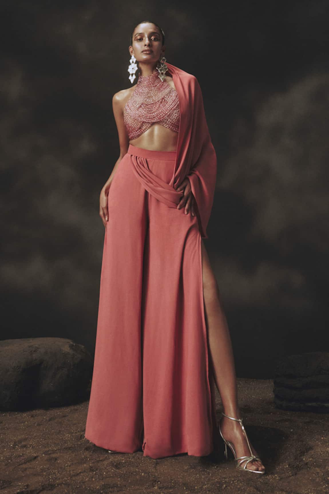 Nikhil Thampi Pink Beaded Georgette Pant Saree Set 