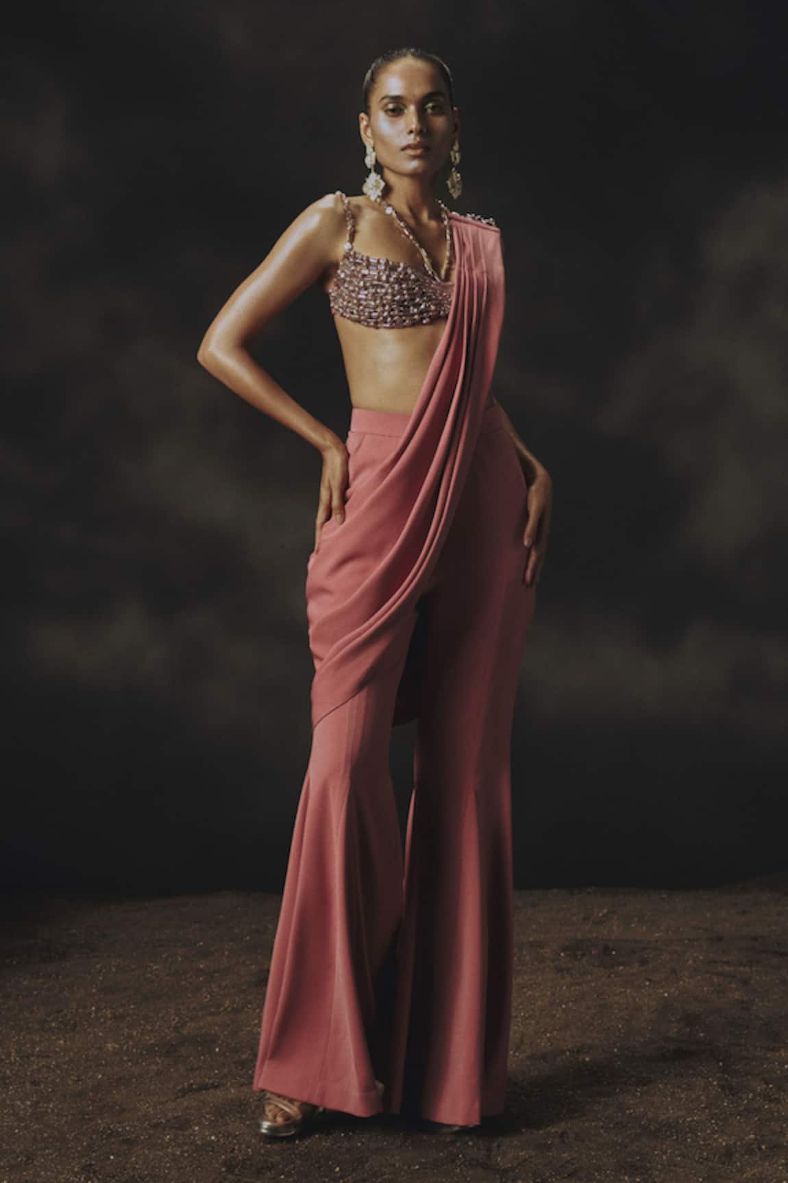 Nikhil Thampi Holographic Beaded Pink Pant Saree Set 
