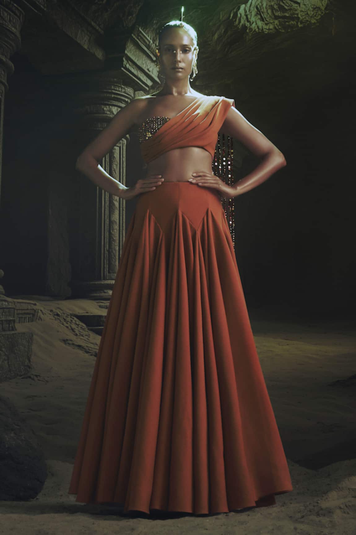 Nikhil Thampi Rust Godet Lehenga Set 