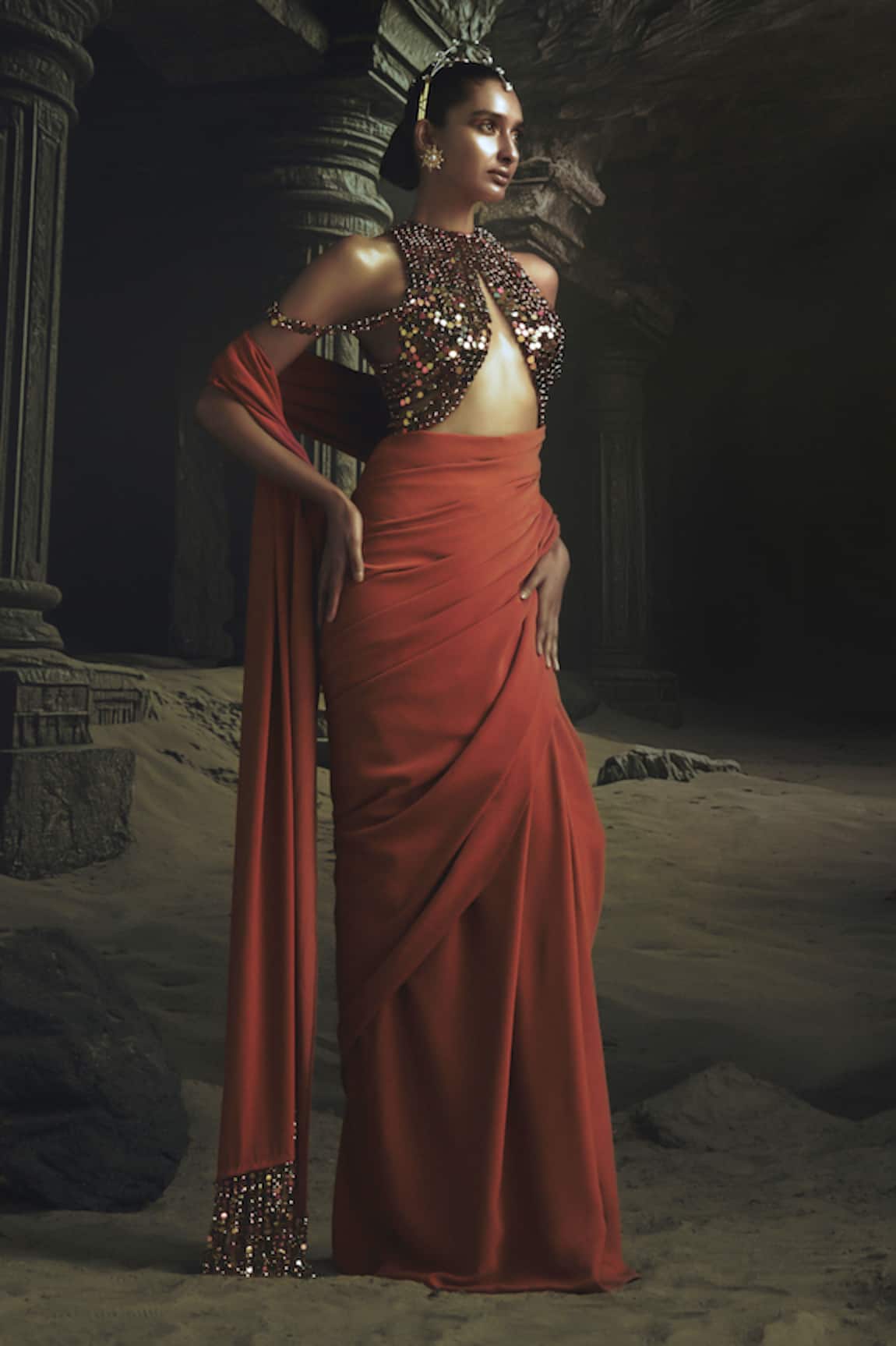 Nikhil Thampi Rust Pre-Draped Saree with Blouse 