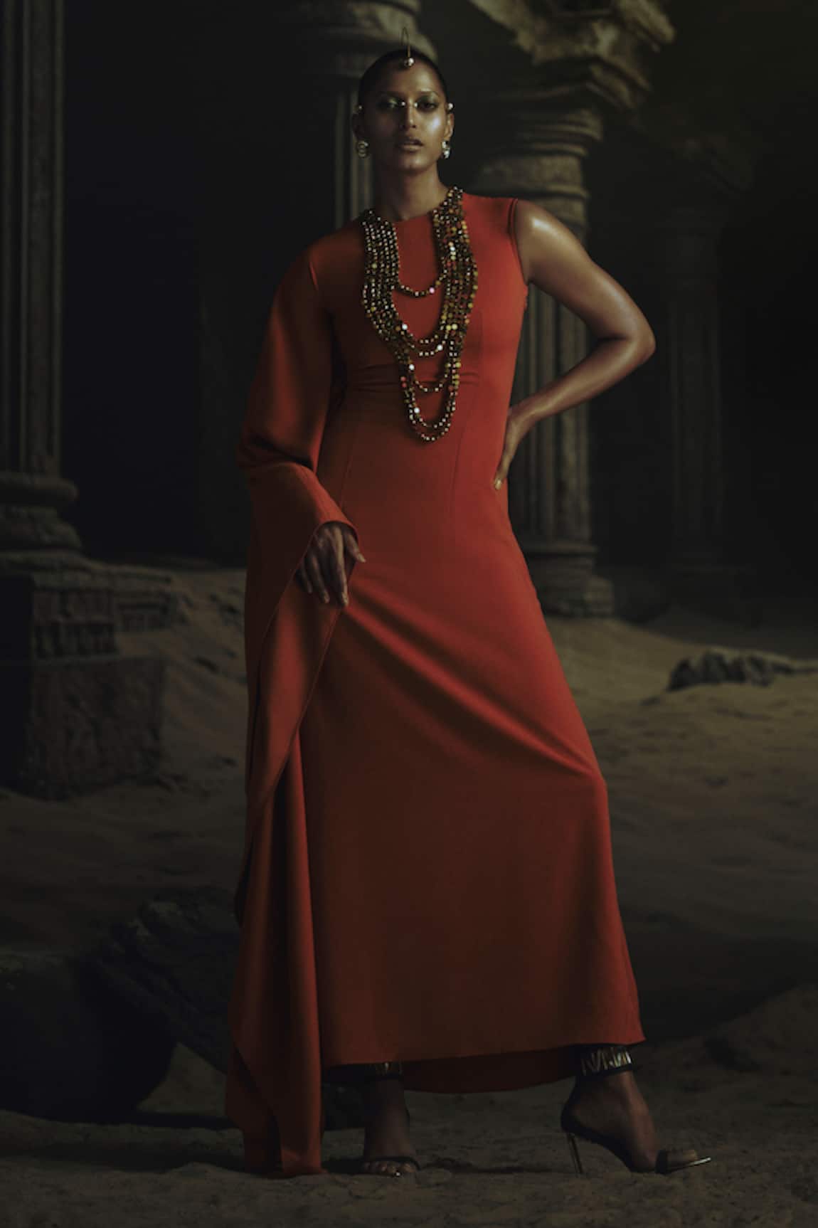 Nikhil Thampi Rust Metallic Bead Embroidered Kaftan 
