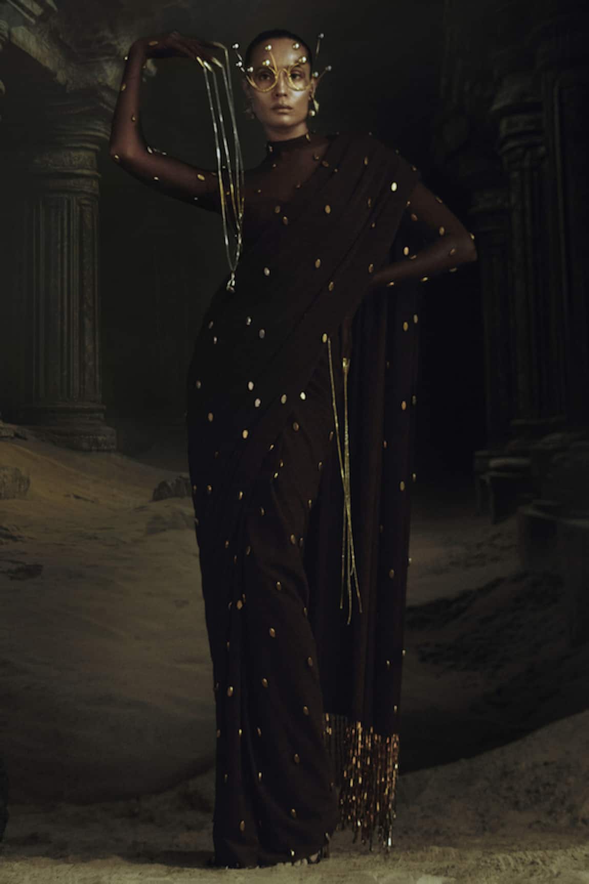 Nikhil Thampi Cocoa Brown Pre-Draped Saree Set 