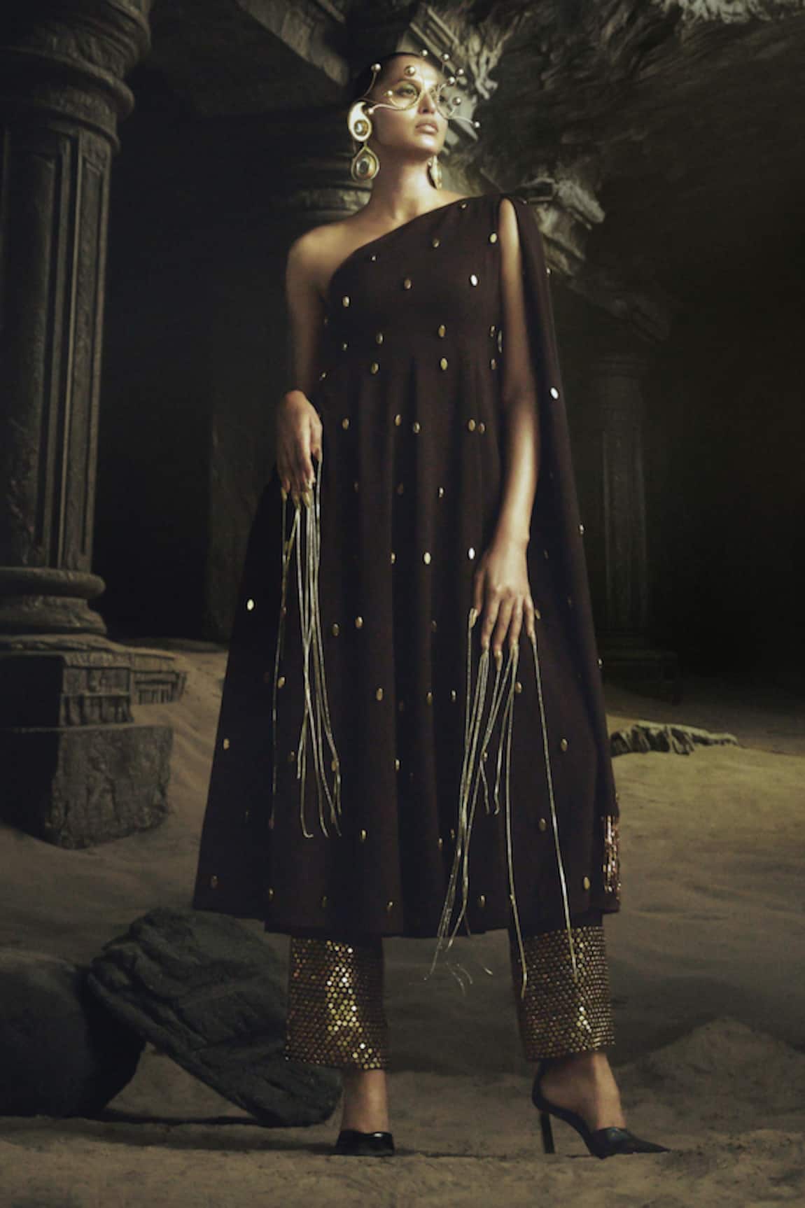 Nikhil Thampi Cocoa Brown Anarkali Set With Gold Embroidery 