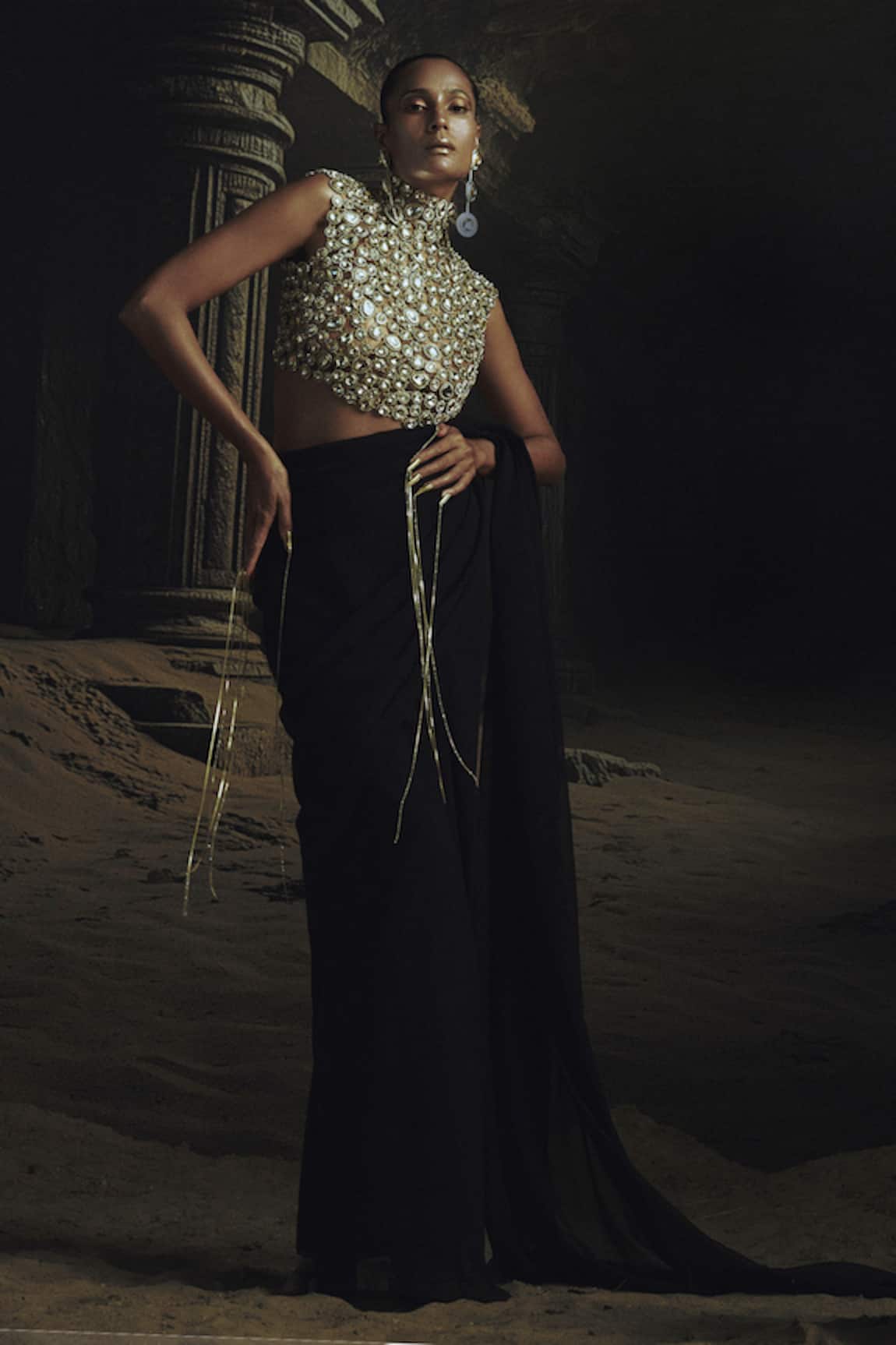 Nikhil Thampi Black Georgette Pre-Draped Saree Set 