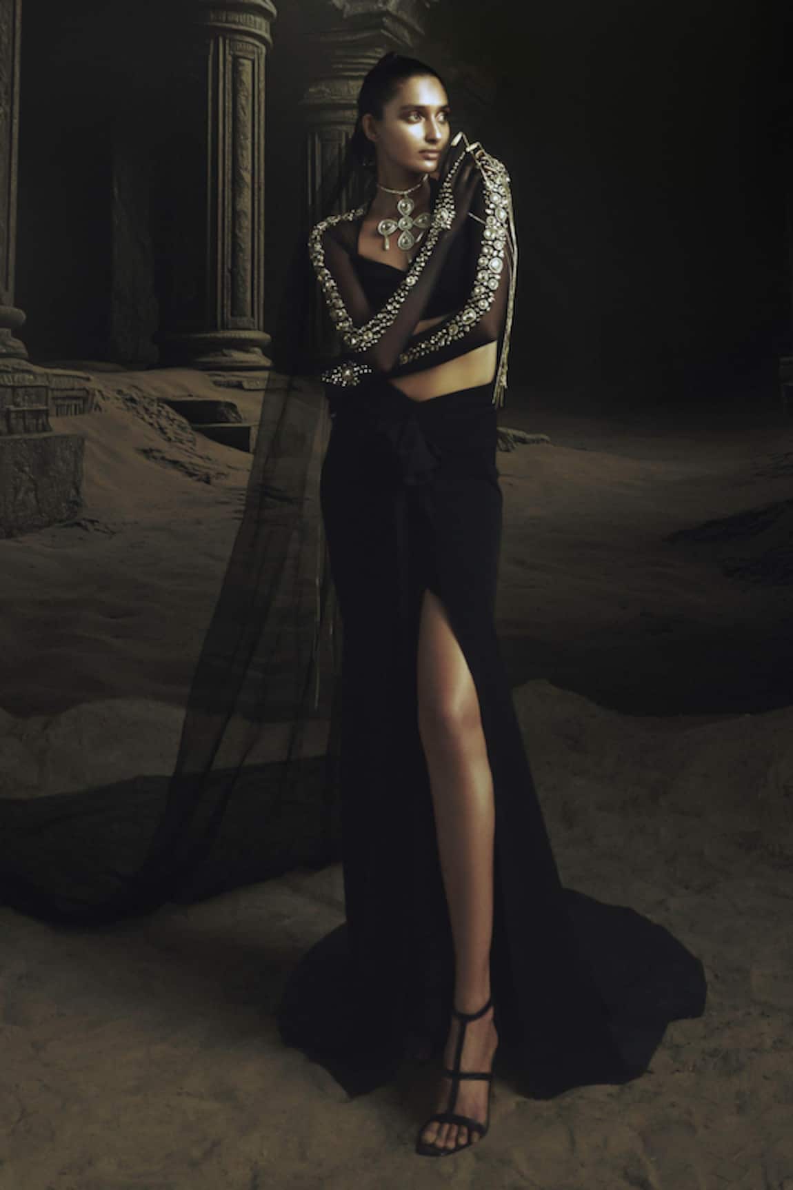Nikhil Thampi Black Draped Skirt & Blouse Set 