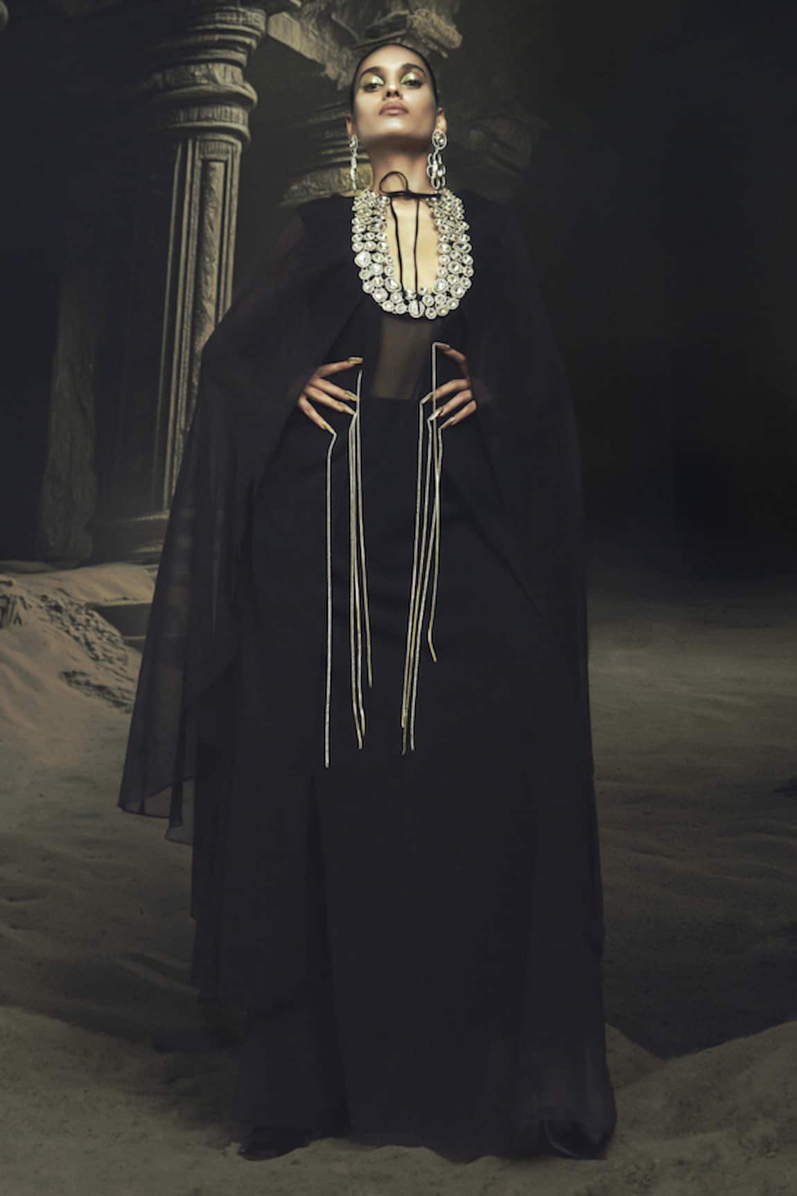 Nikhil Thampi Black Georgette Kaftan & Pant Set 