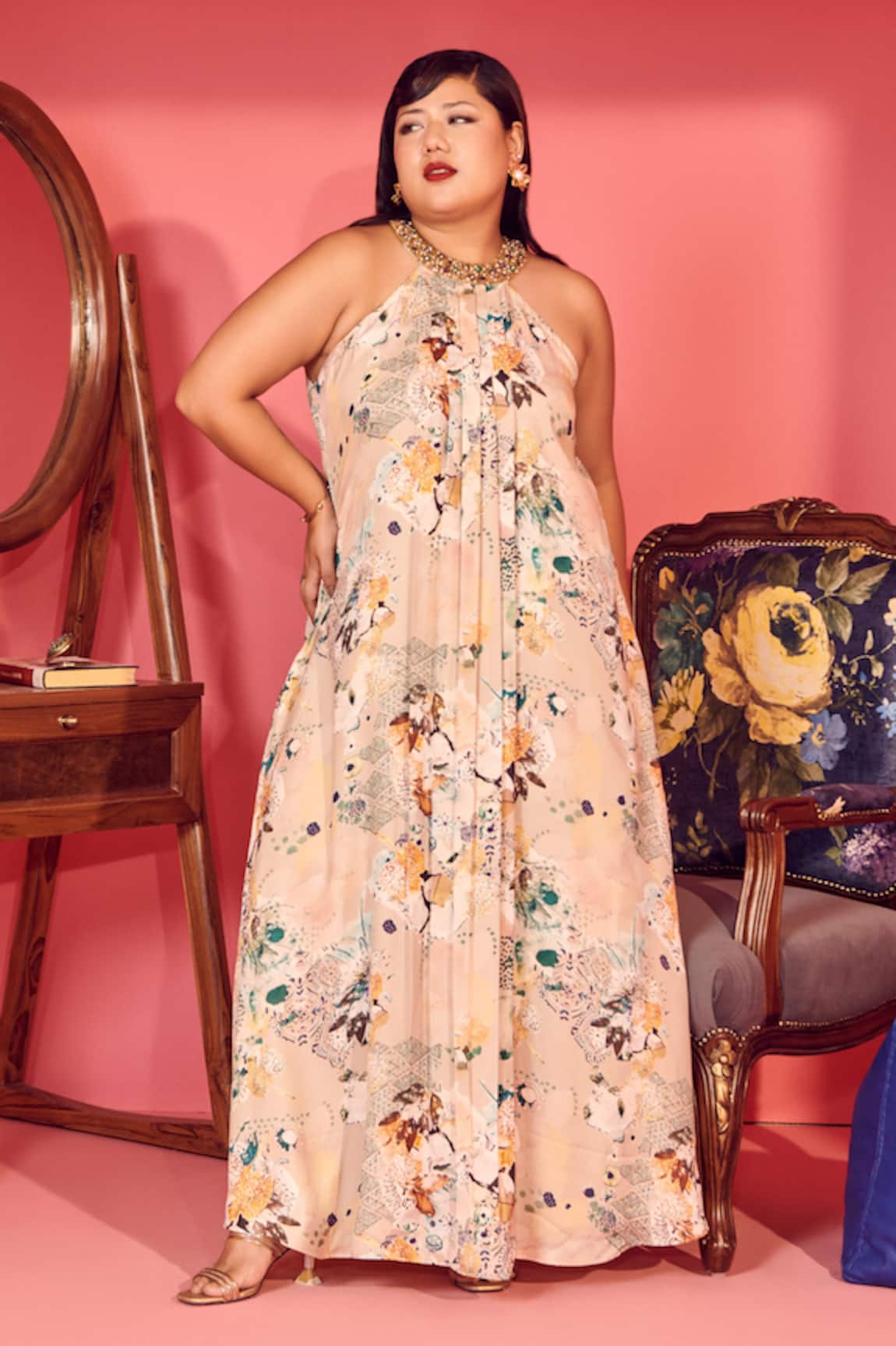 Mamicha Floral Satin Crepe Halter Neck Dress 
