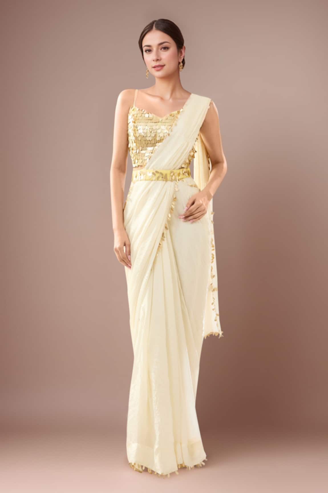 Samyukta Singhania Golden Sequin Embellished Off White Saree Set 
