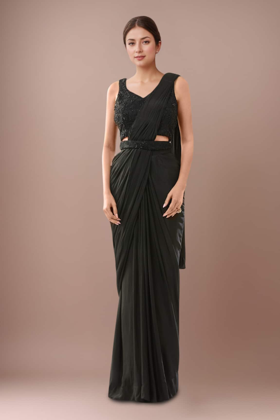 Samyukta Singhania Black Embroidered Blouse & Pre-Draped Saree 