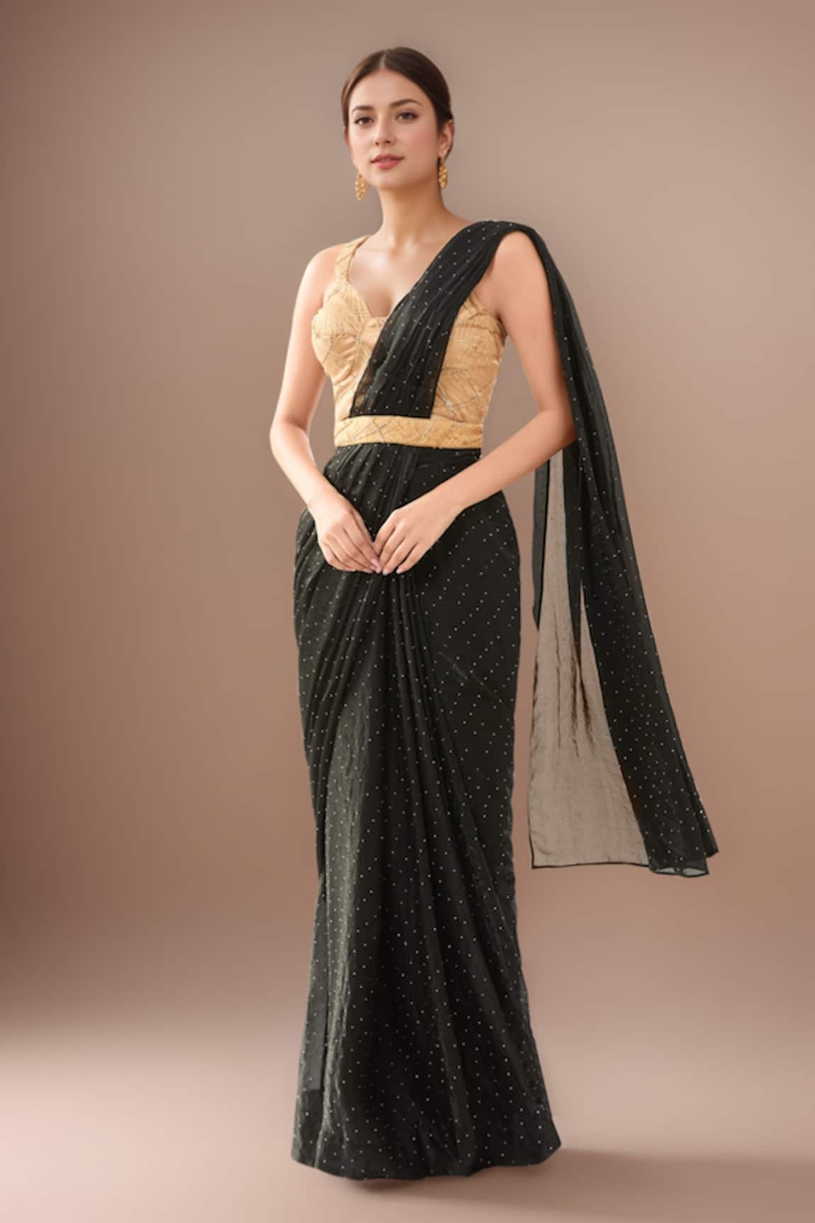 Samyukta Singhania Black Satin Pre-Draped Saree Set 