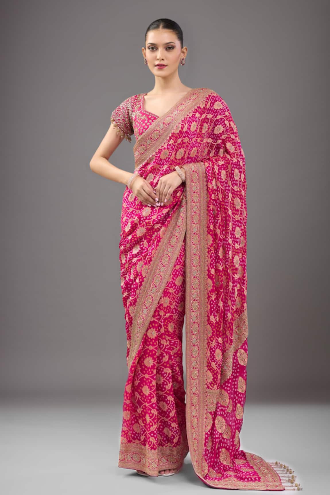 Kalighata Rani Pink Bandhej Saree with Blouse 