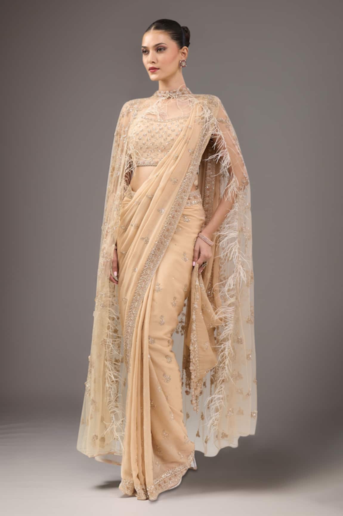 Kalighata Gold Long Cape Saree Set 