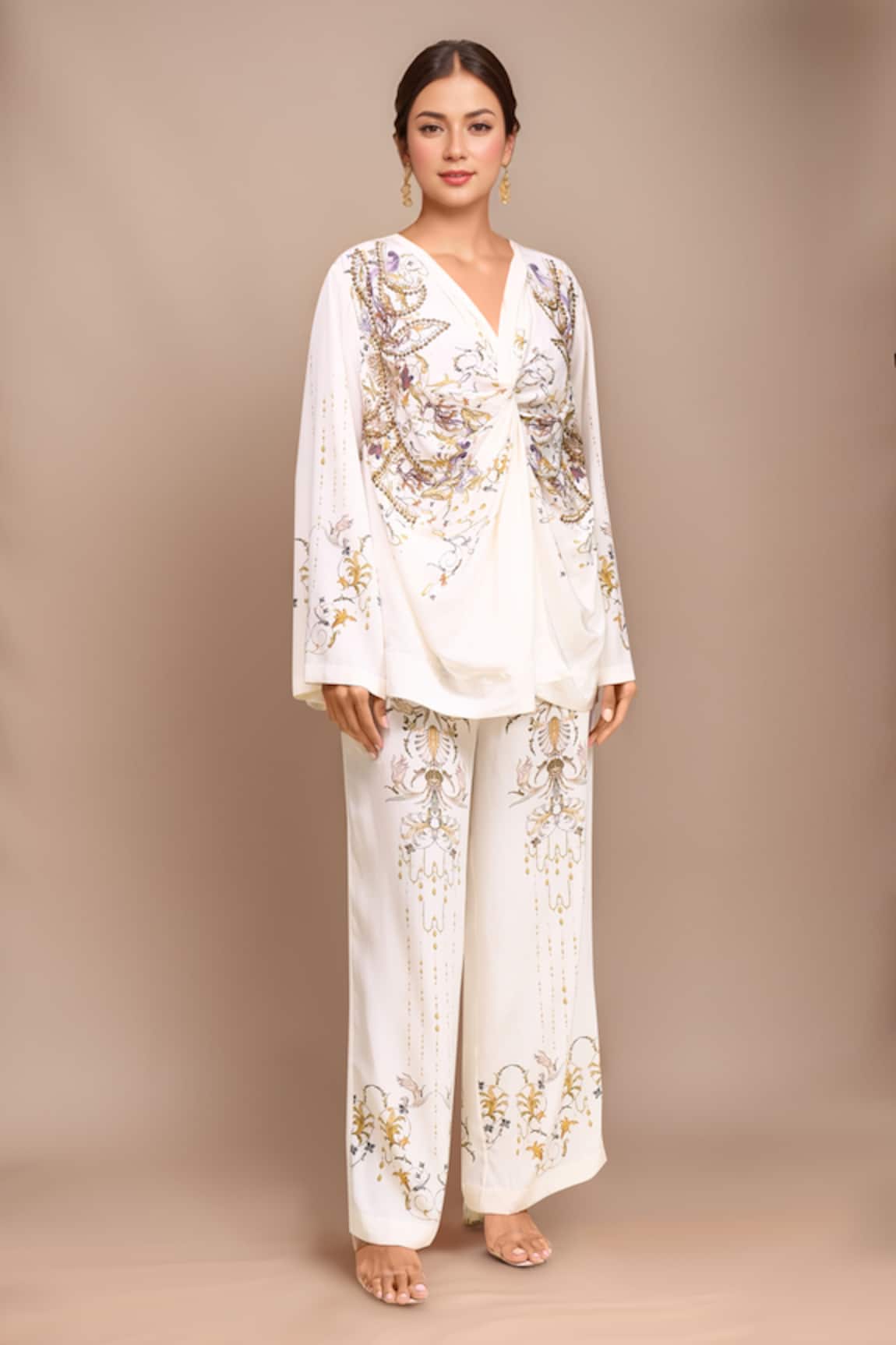 AK-OK Embroidered Off White Top Pant Set 