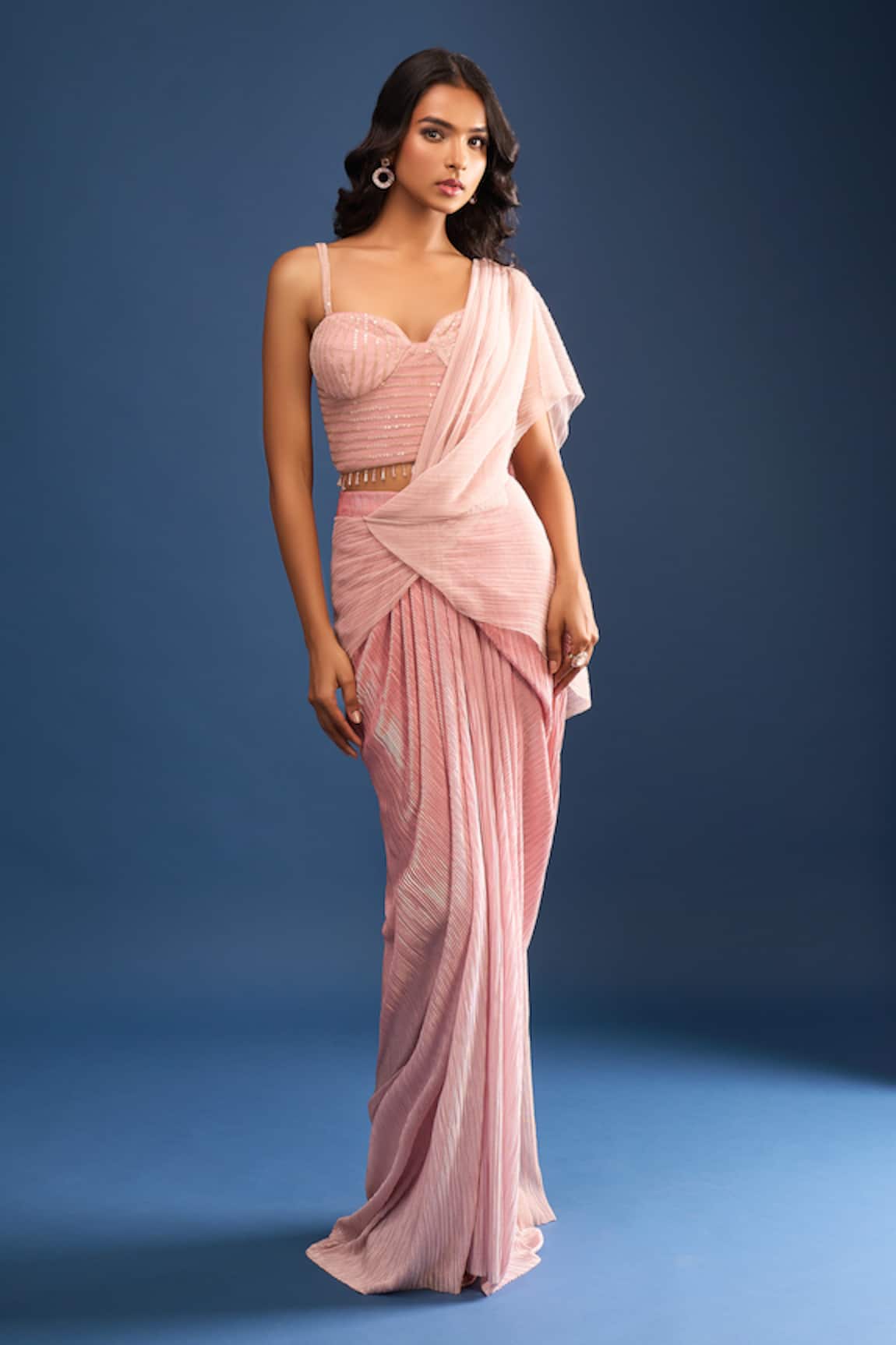 Tarun Tahiliani Pink Crinkle Tulle Draped Saree & Blouse 