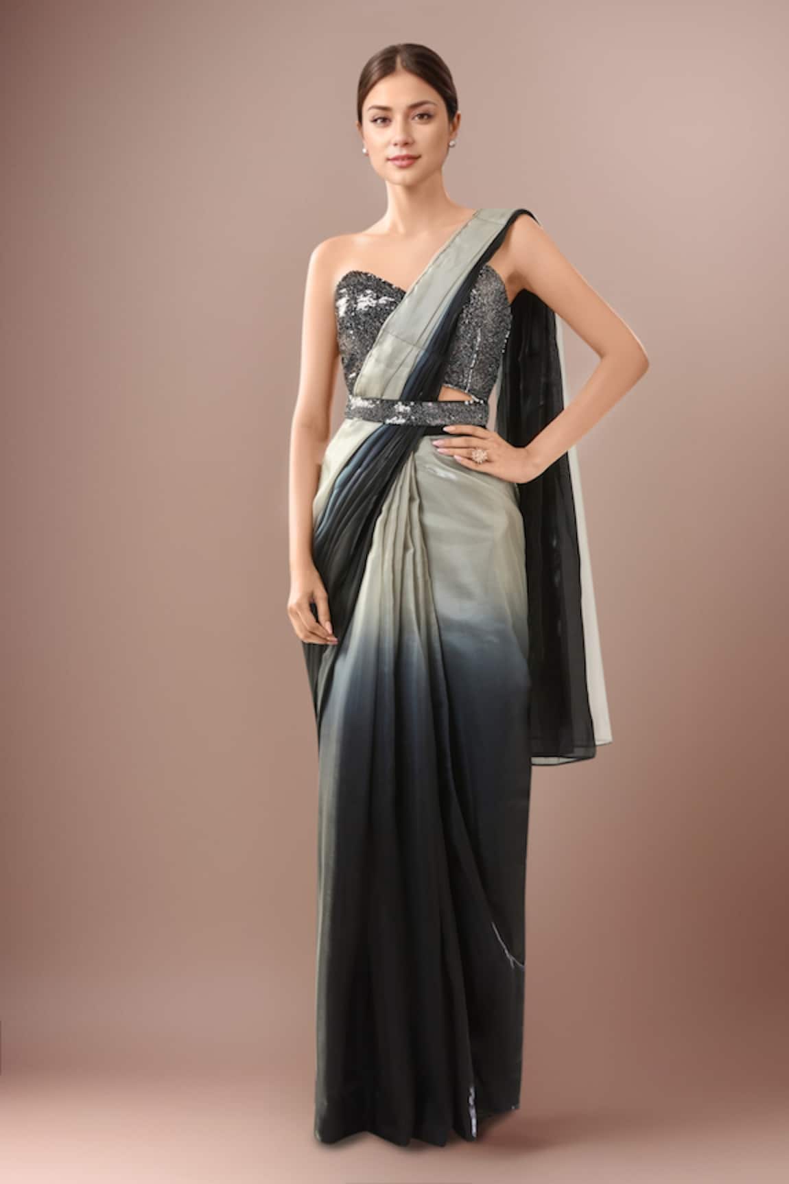Samyukta Singhania Black Grey Satin Pre-Draped Saree Set 