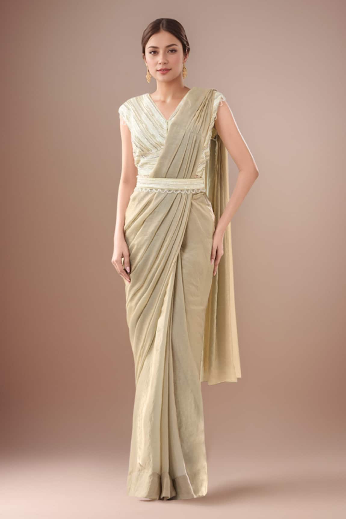 Samyukta Singhania Beige Embellished Pre-Draped Saree Set 