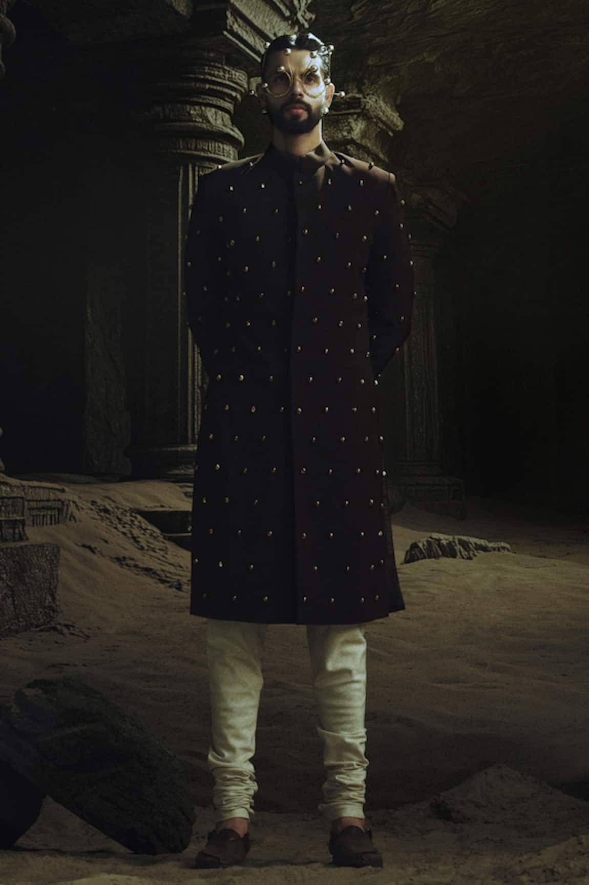 Nikhil Thampi Cocoa Brown Gold Embroidered Sherwani Set 