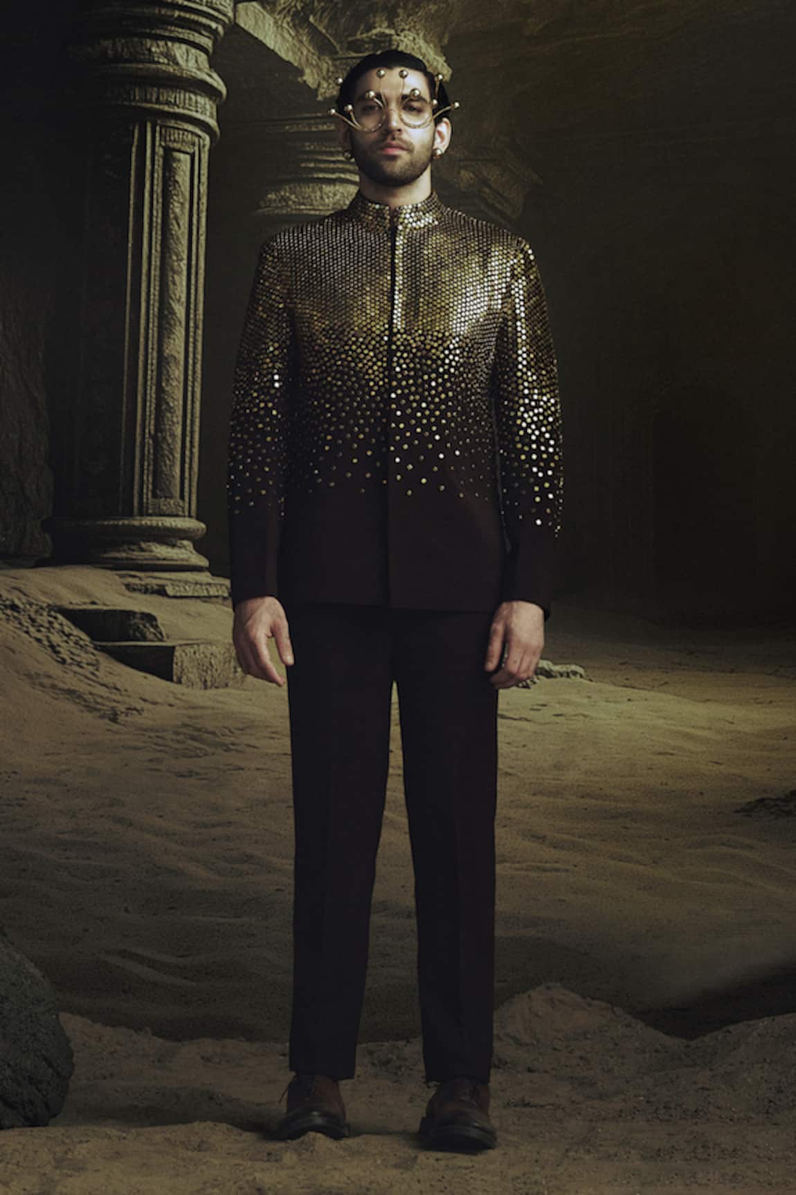 Nikhil Thampi Cocoa Brown Gold Embroidered Bandhgala Set 