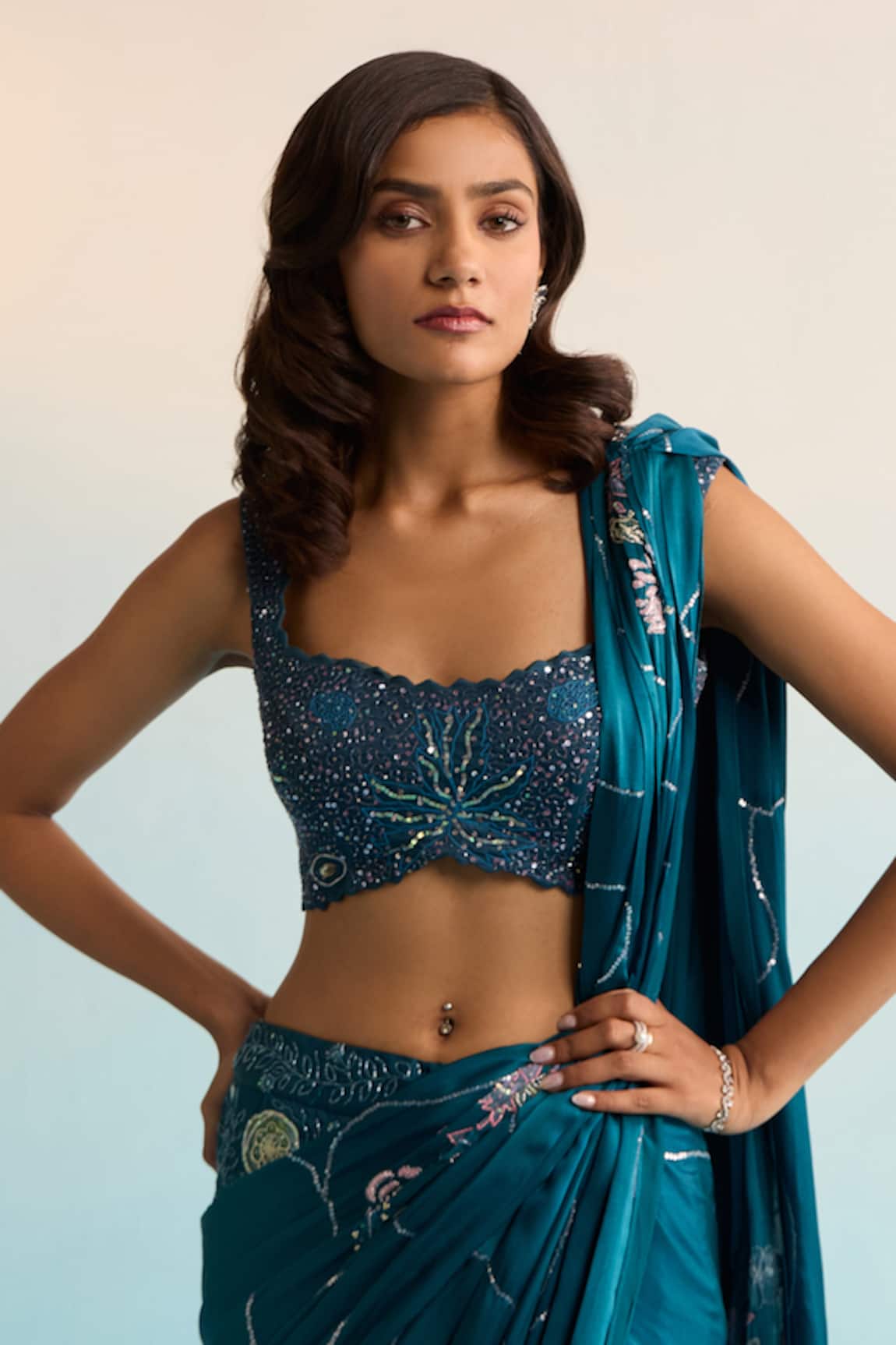 House Of Armuse Teal Blue Pre-Draped Satin Georgette Saree 