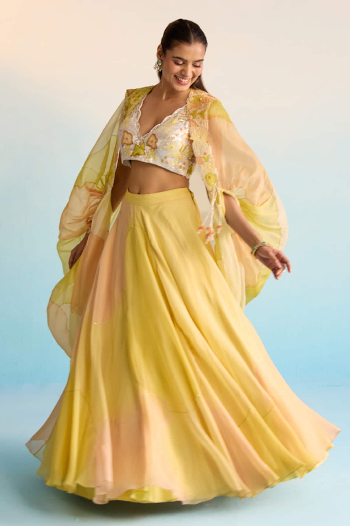 House Of Armuse Yellow Hand-Painted Organza Cape & Skirt Set 