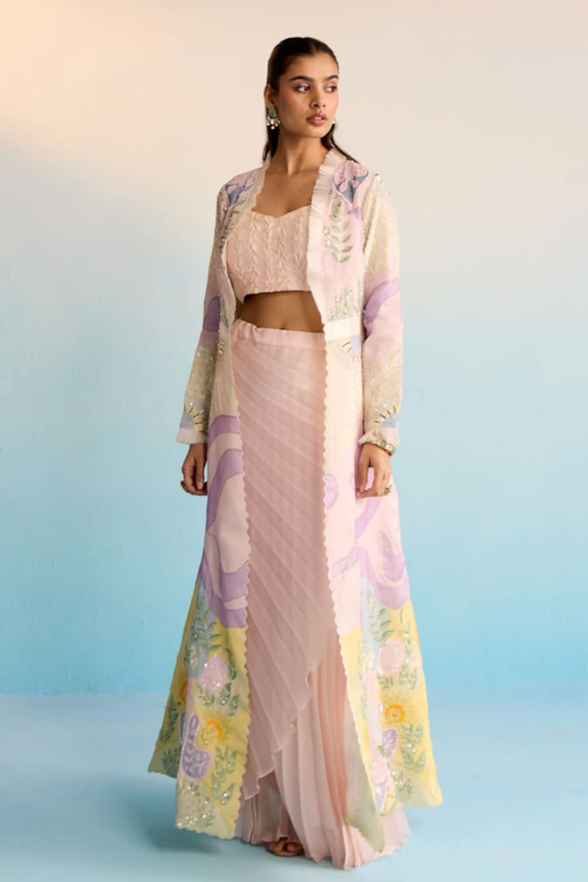 House Of Armuse Blush Pink Handpainted Skirt & Jacket Set