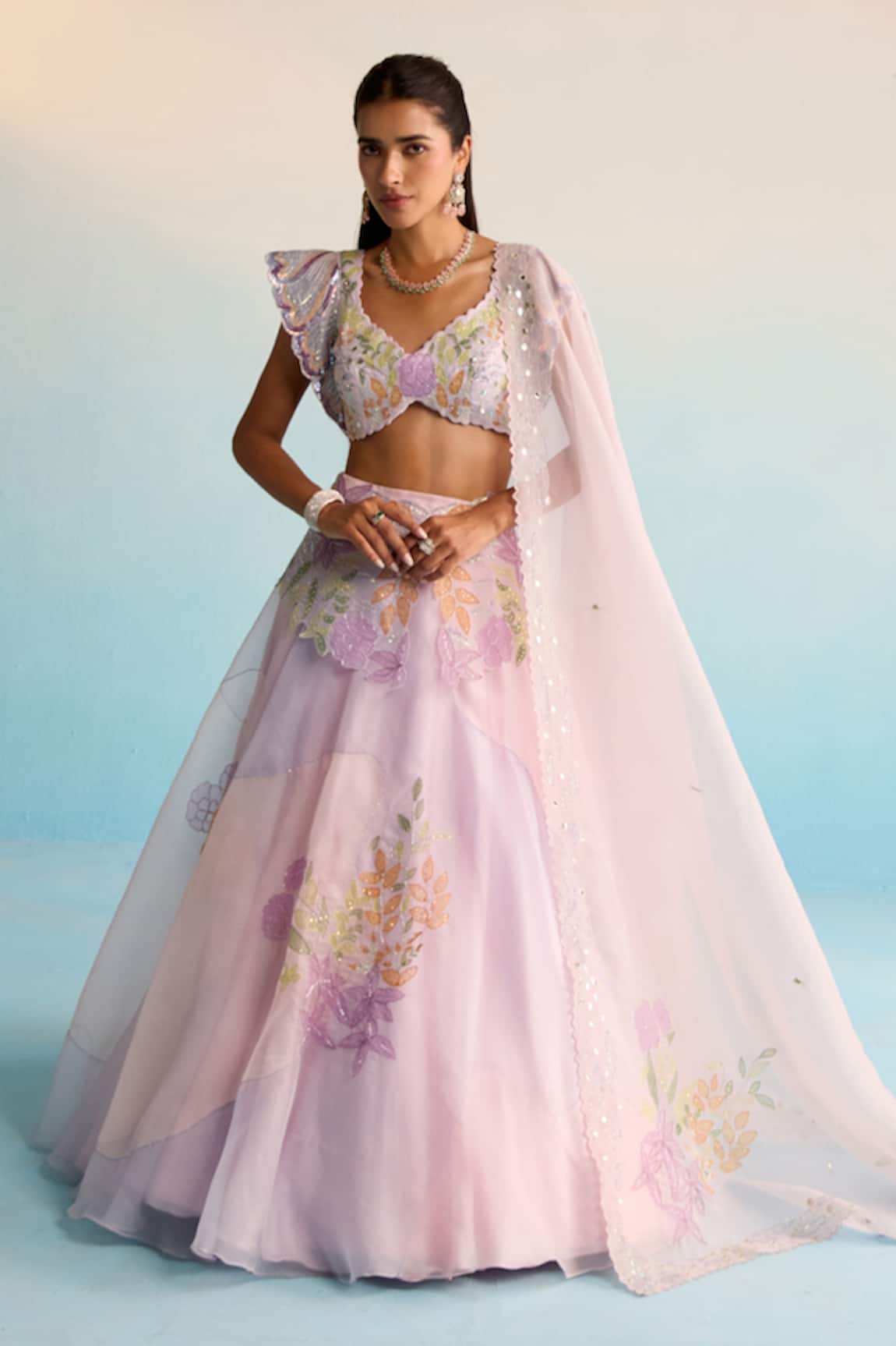 House Of Armuse Handpainted Organza Lehenga Set