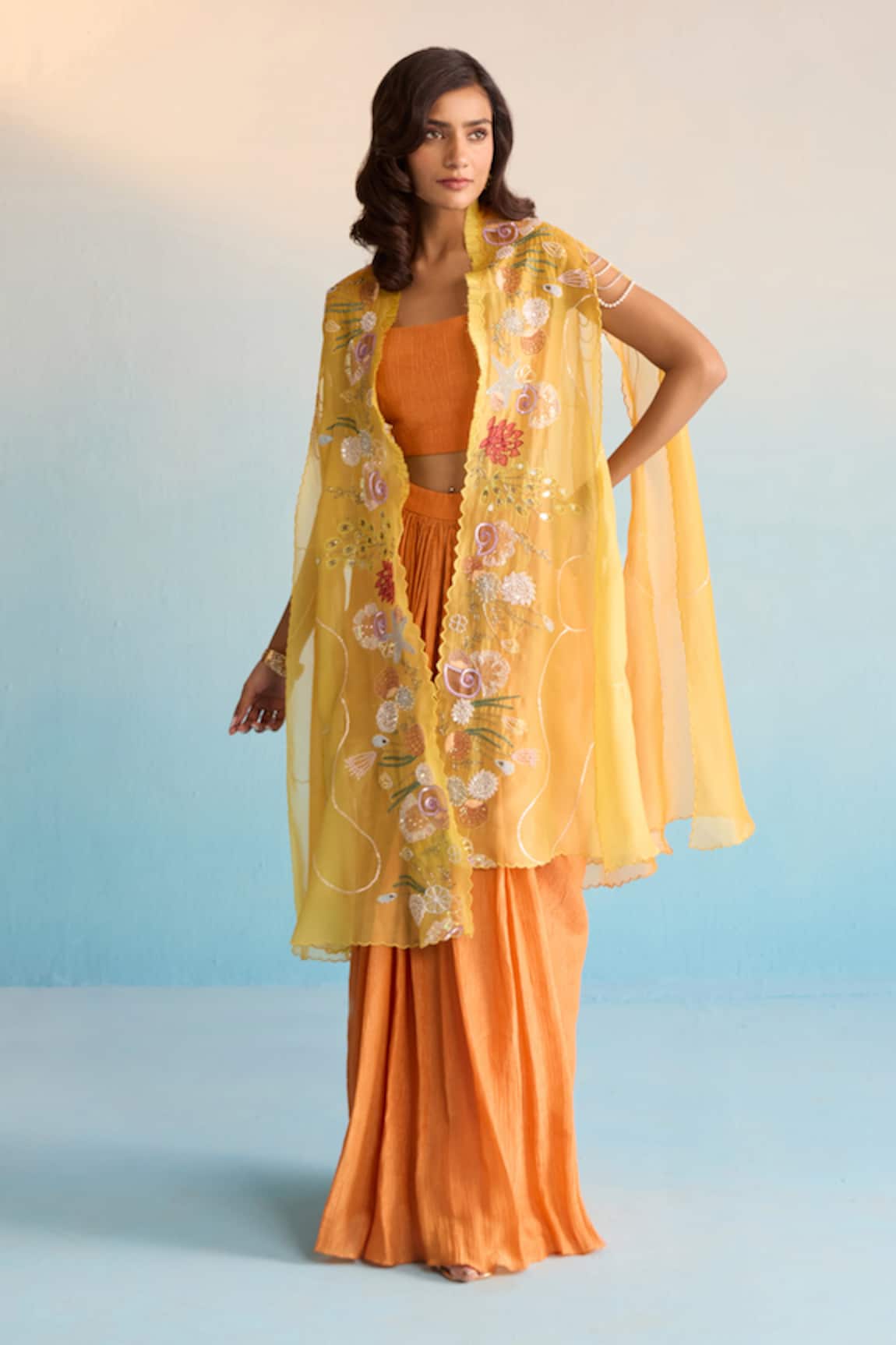 House Of Armuse Mustard Handpainted Cape and Skirt Set 