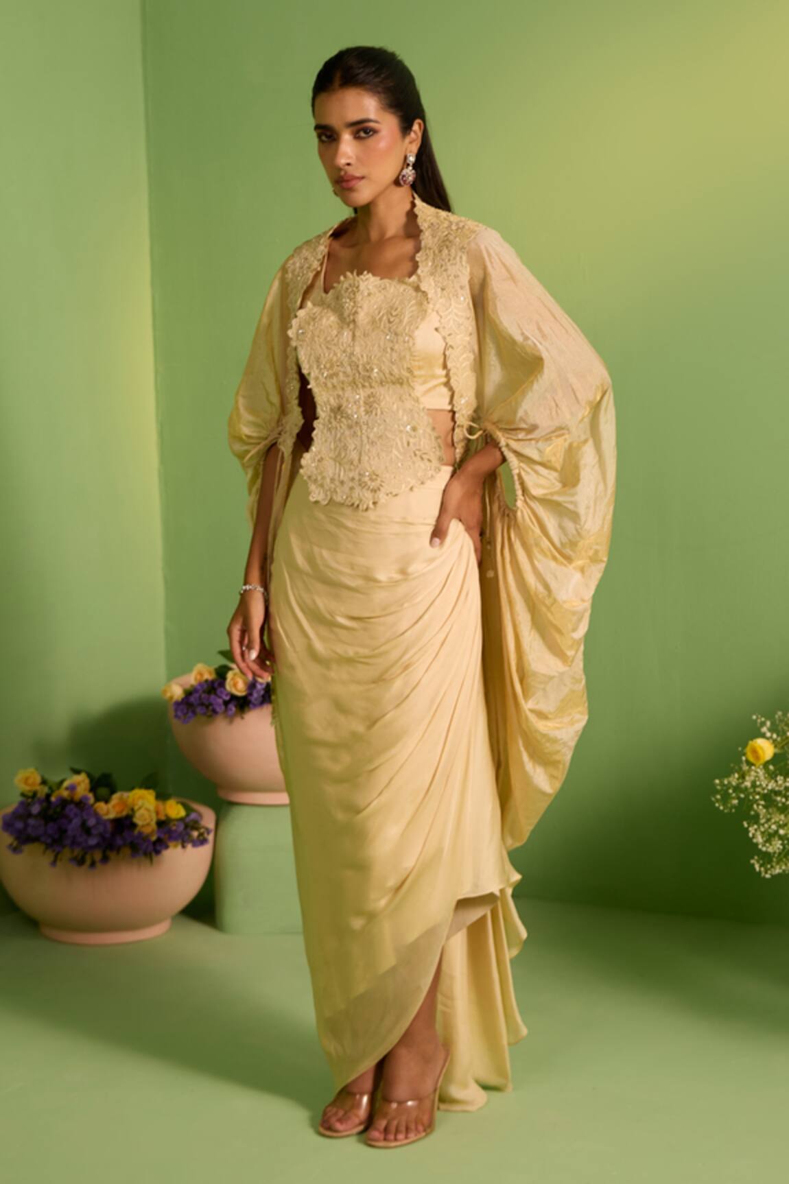 House Of Armuse Beige Organza Cape Set 