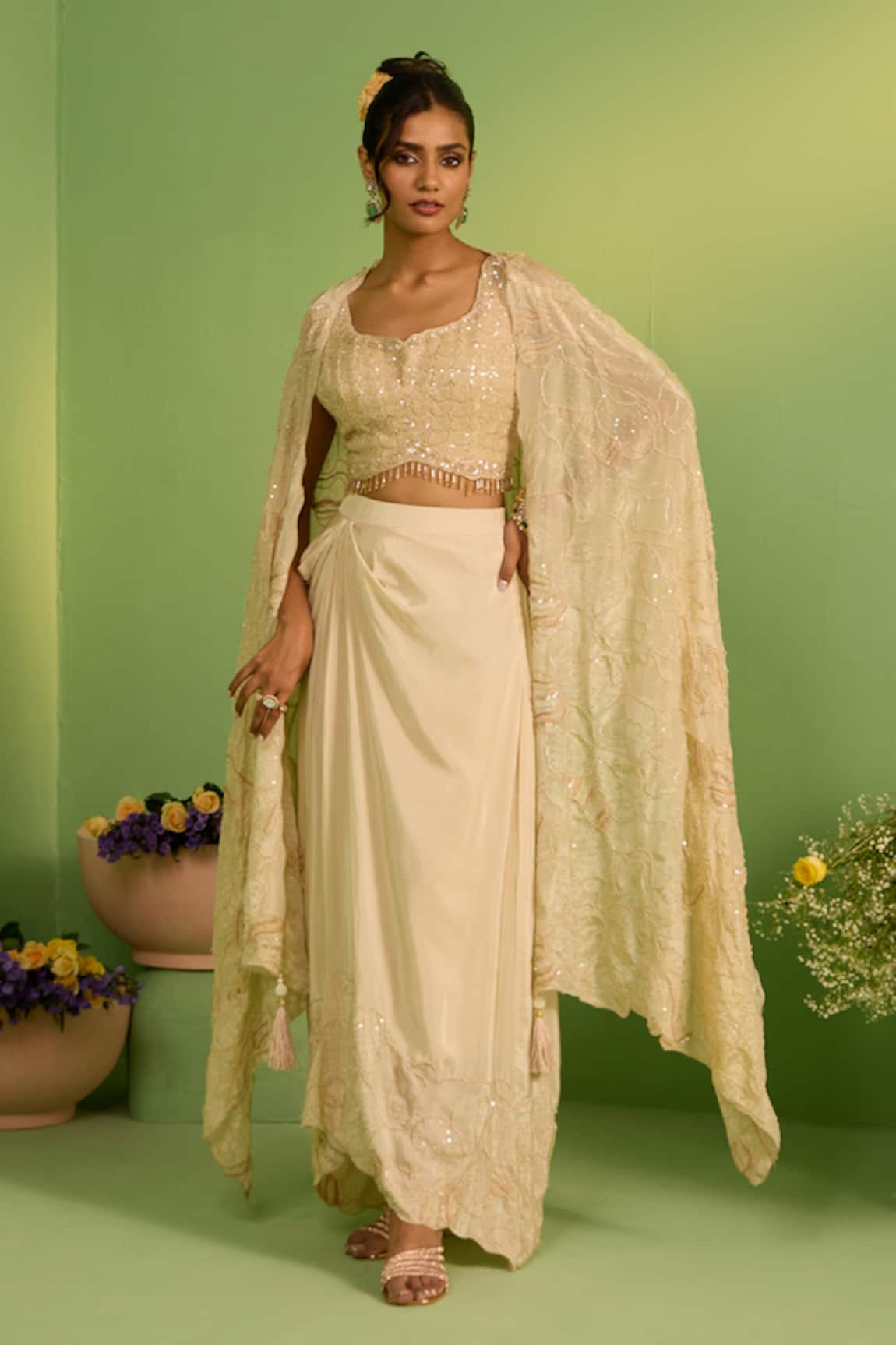 House Of Armuse Ivory Shimmer Silk Cape Set 