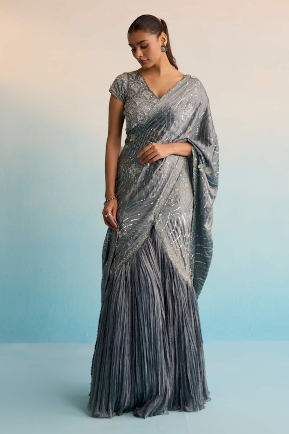 House Of Armuse Grey Draped Saree with Pearl Hand Work 