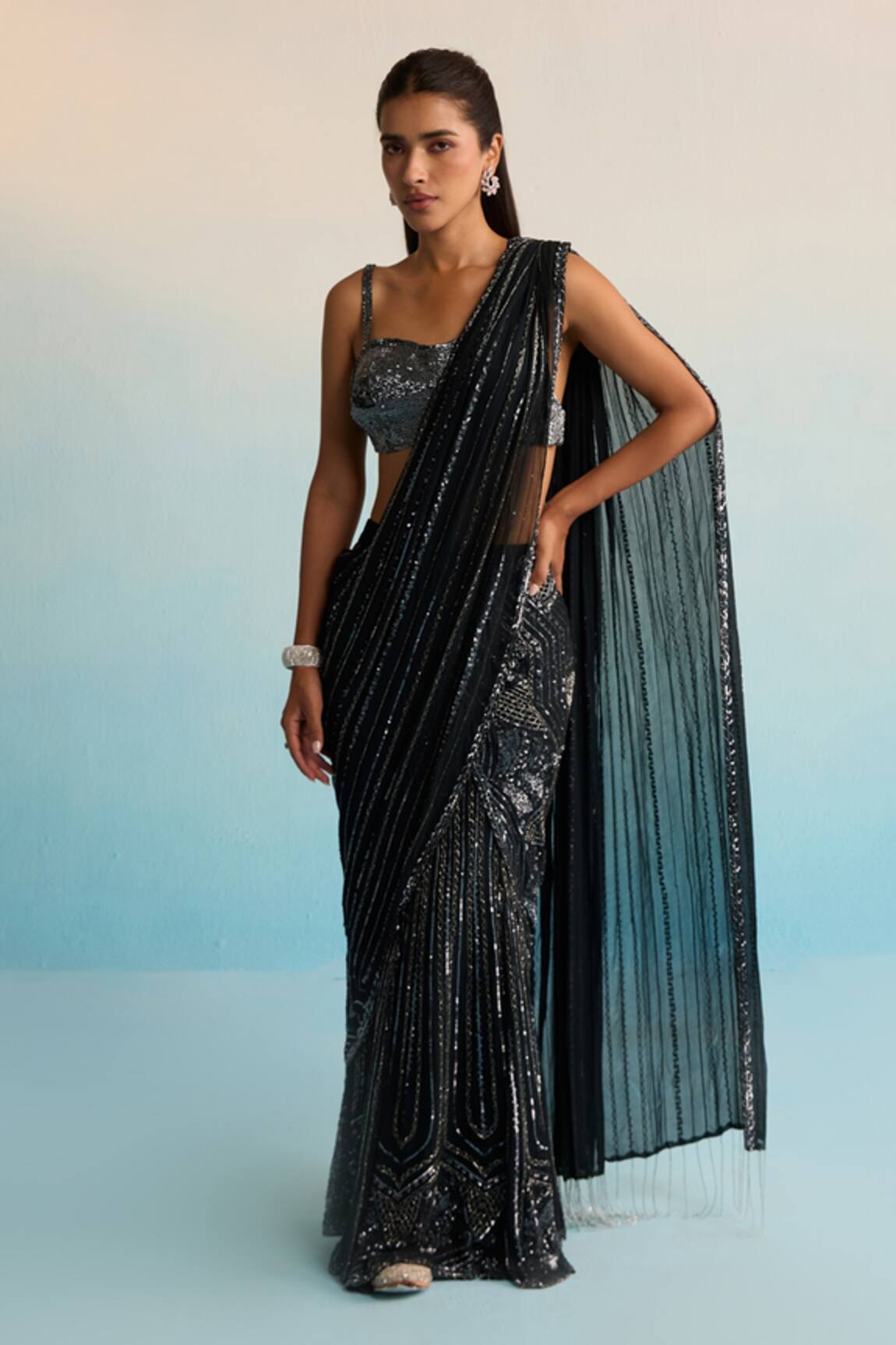 House Of Armuse AZURE NOIR Cutdana Drape Saree 