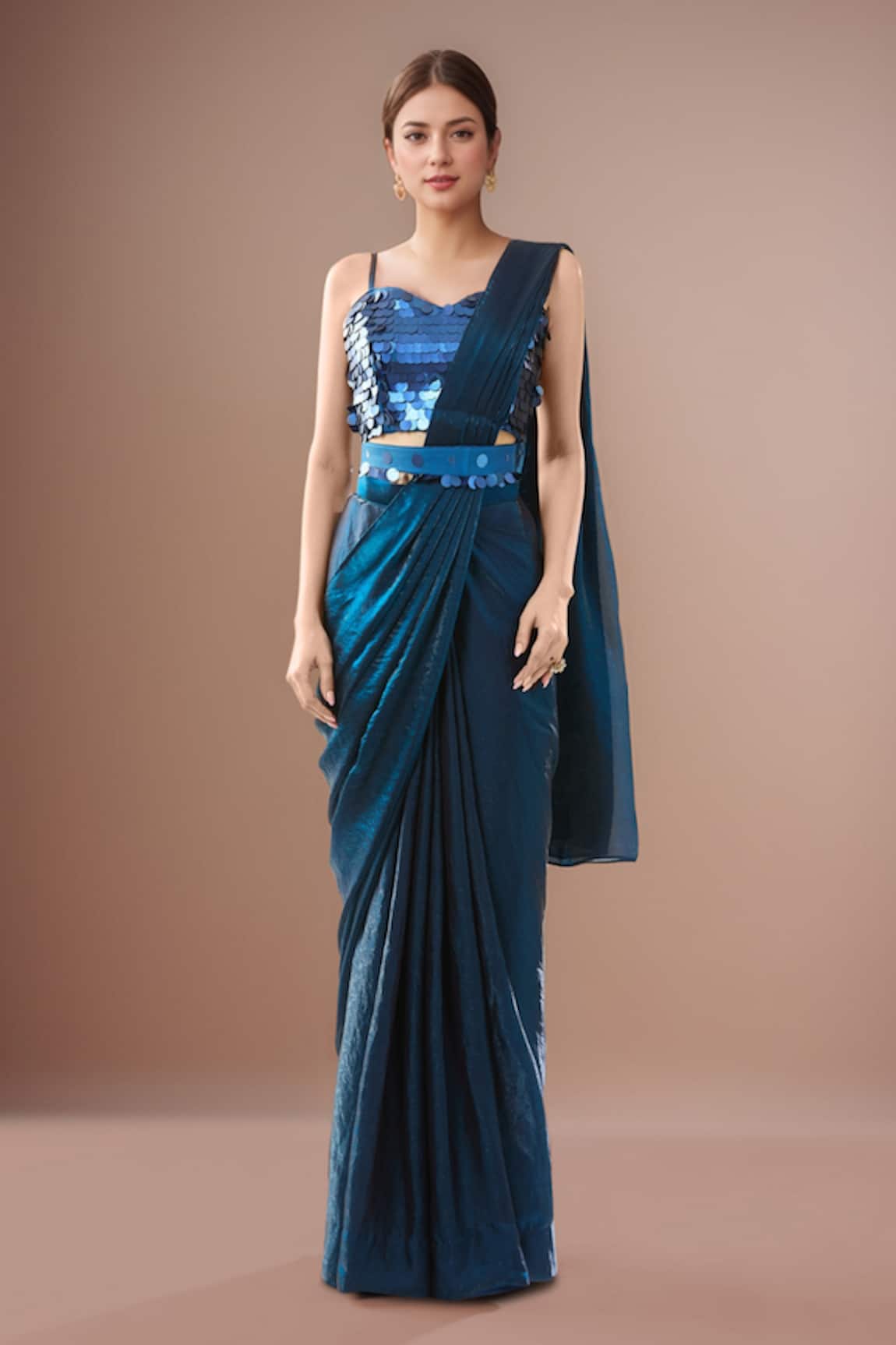 Samyukta Singhania Blue Sequin Embellished Blouse & Saree Set 