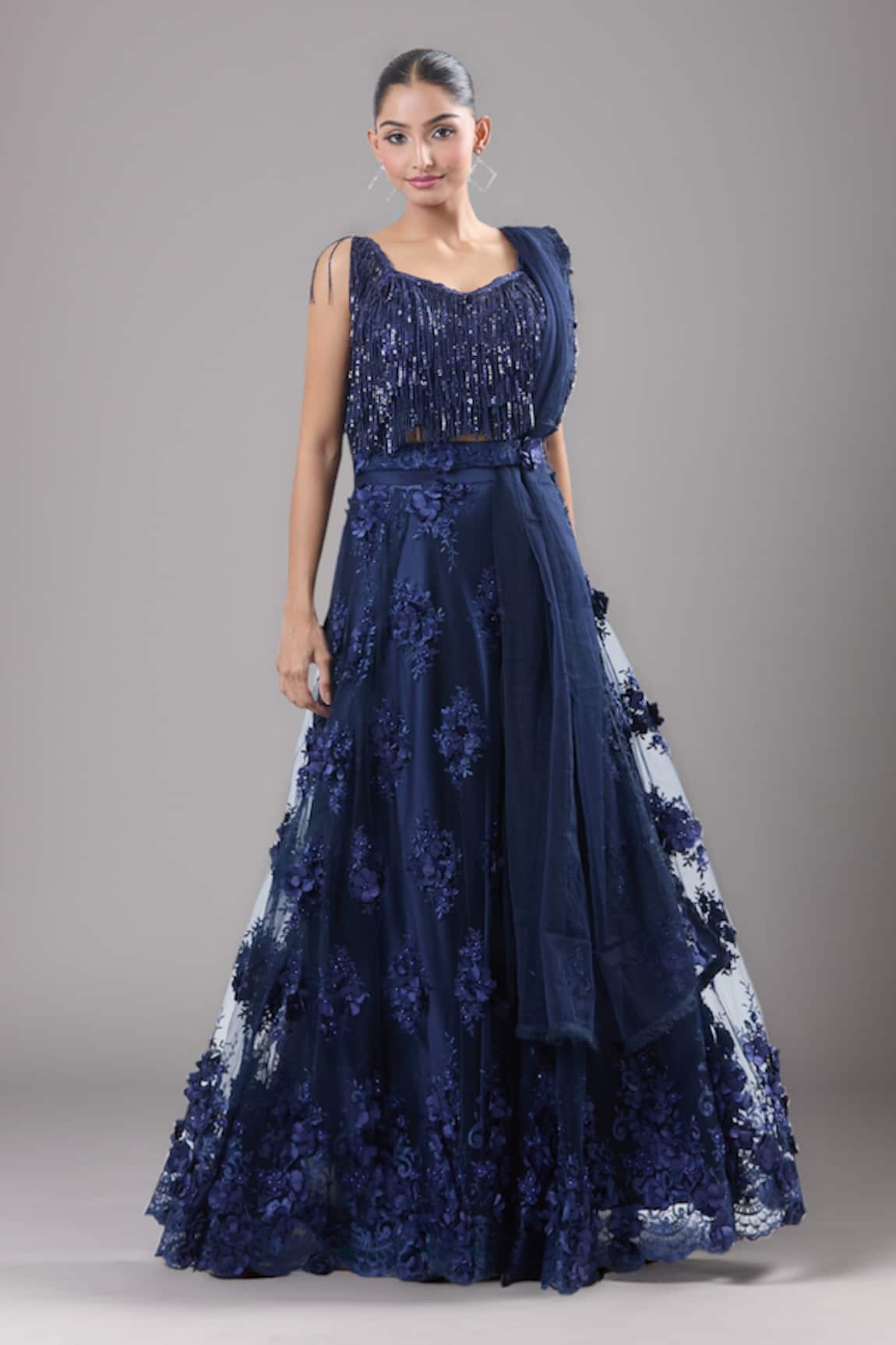 Samyukta Singhania Blue Net Embroidered Lehenga Set 