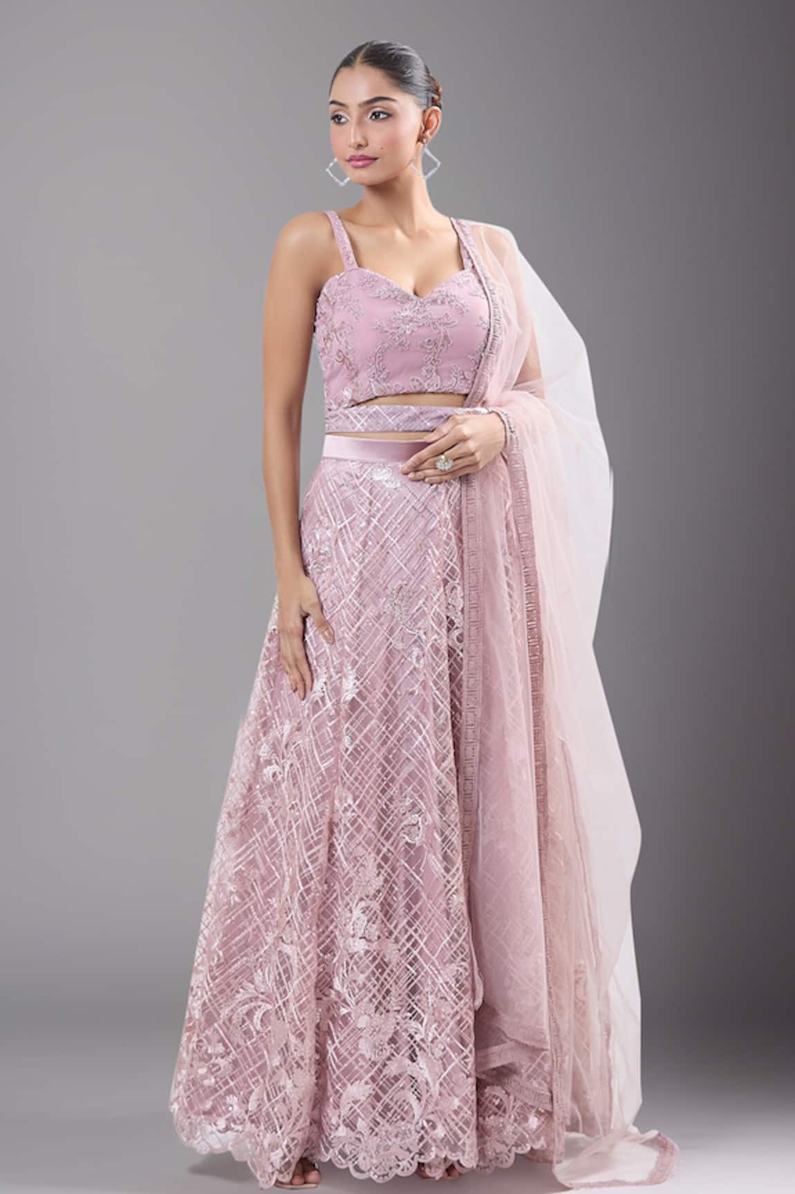 Samyukta Singhania Pink Net Embroidered Lehenga Set 