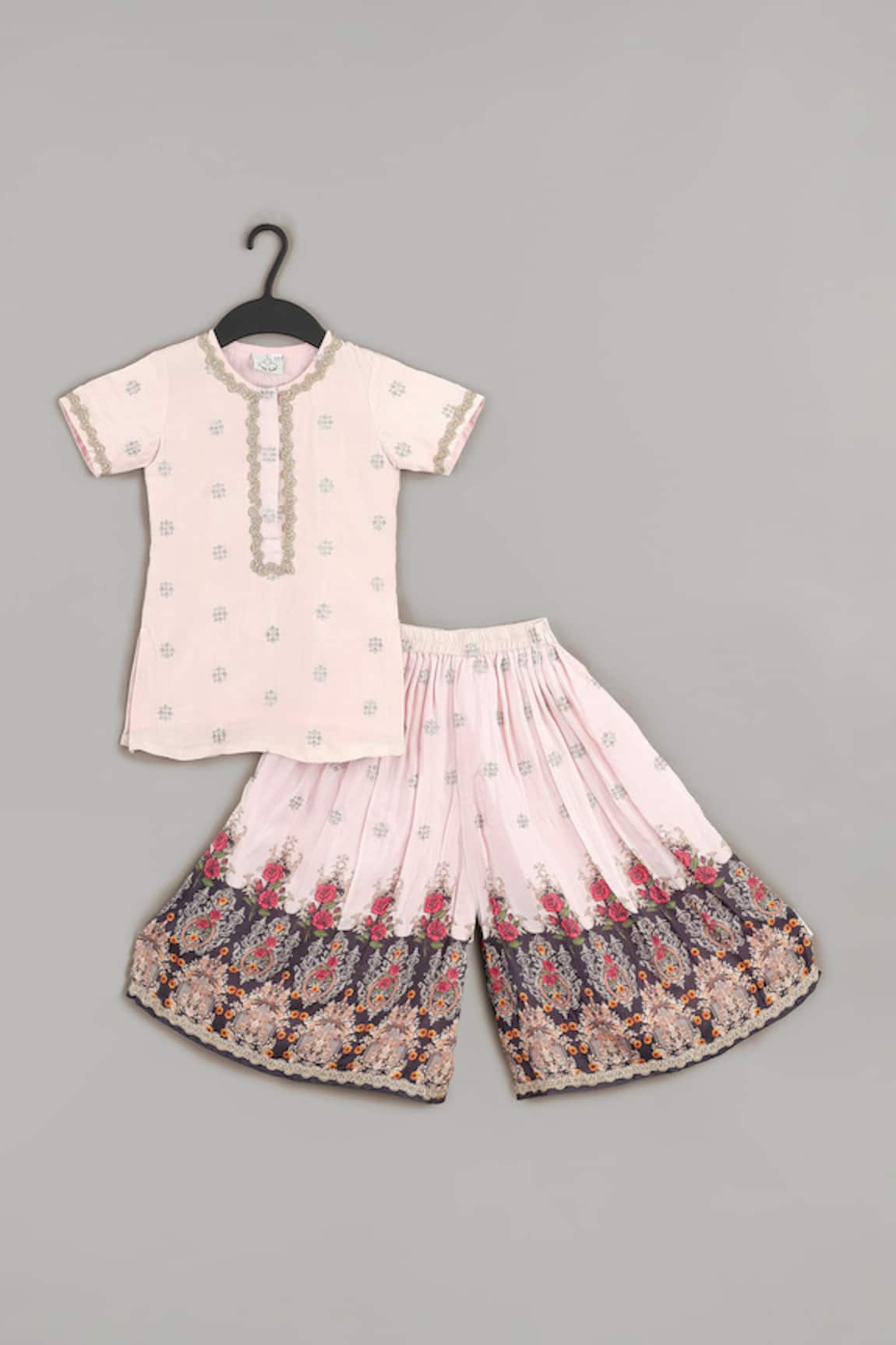 Little Brats Powder Pink Zari Embroidered Kurta & Sharara Set 
