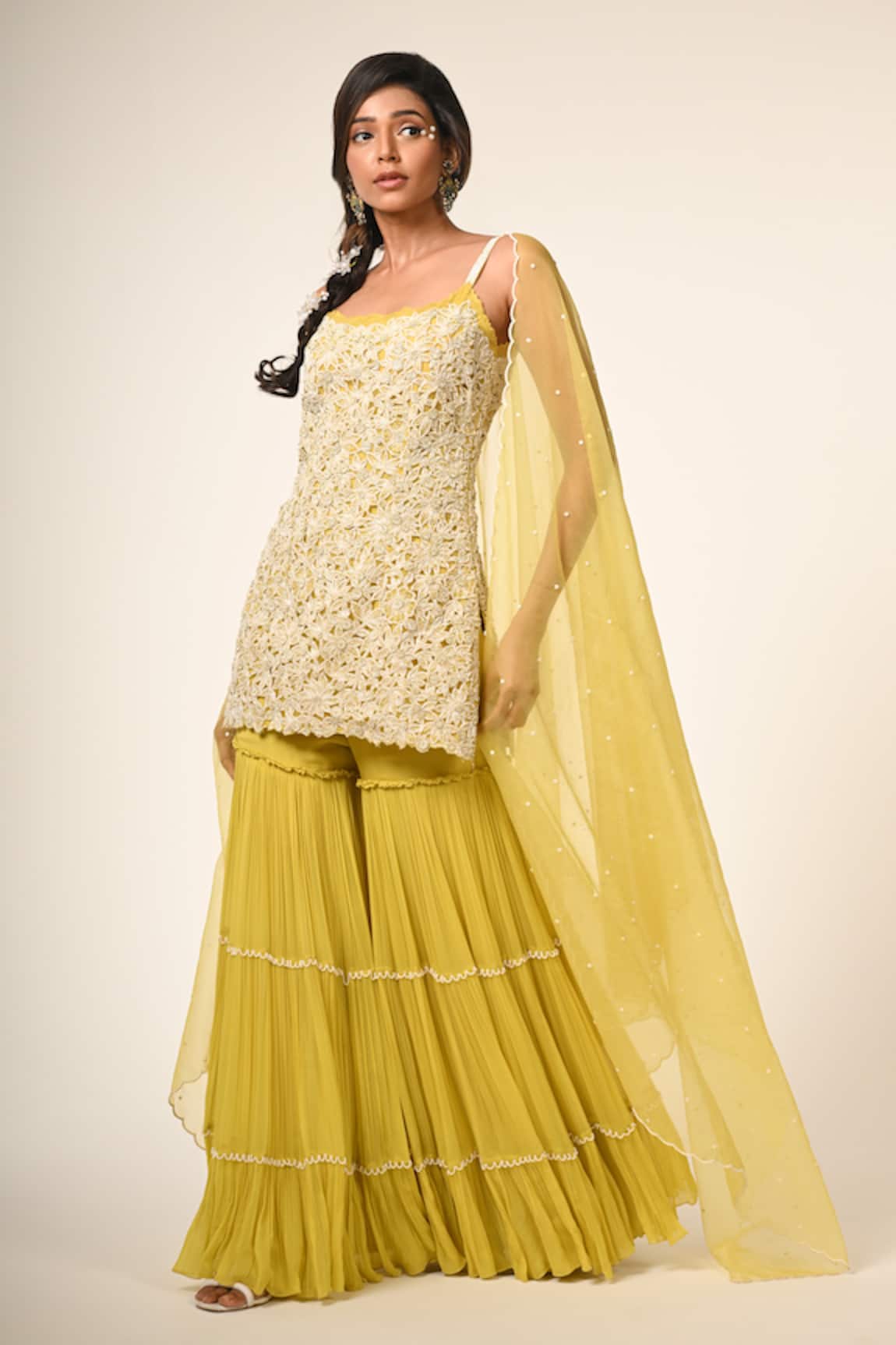 Couture By Niharika Yellow Organza Embroidered Kurta Sharara Set 