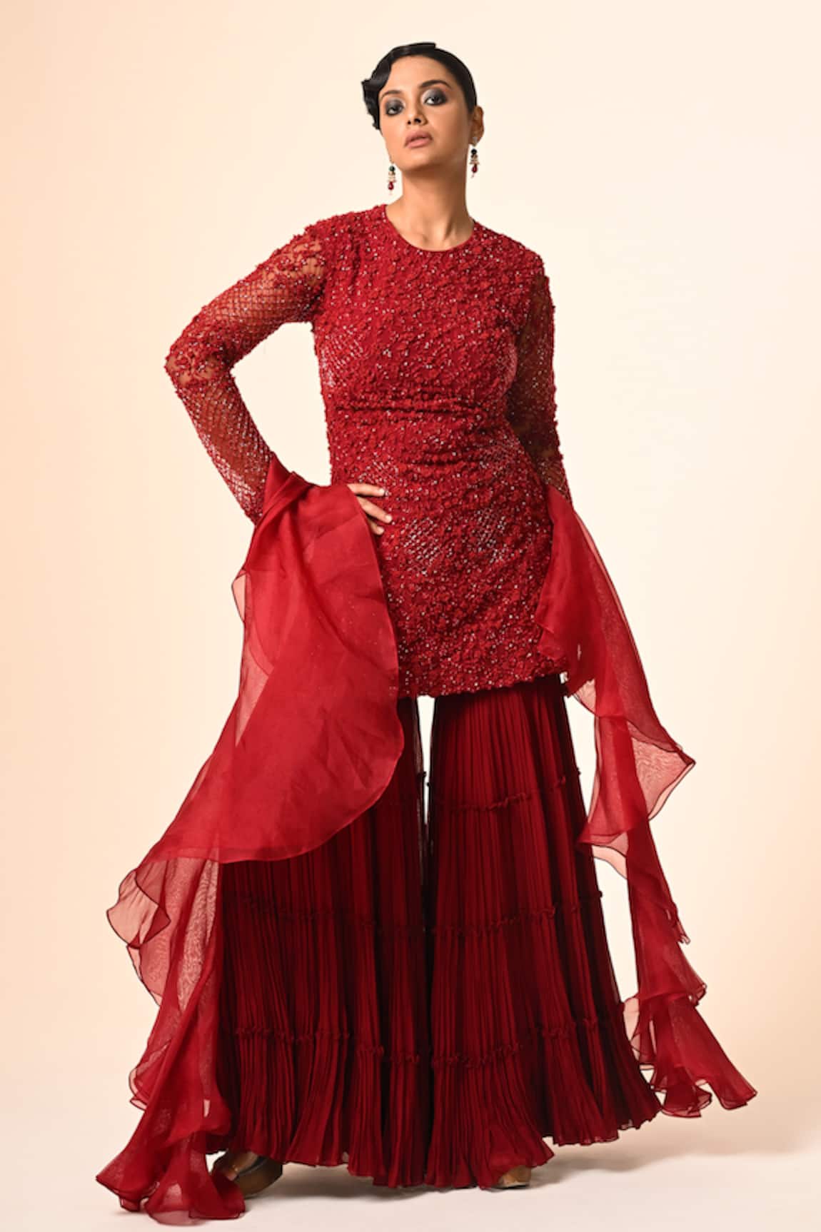 Couture By Niharika Red Embellished Kurta Sharara Set 