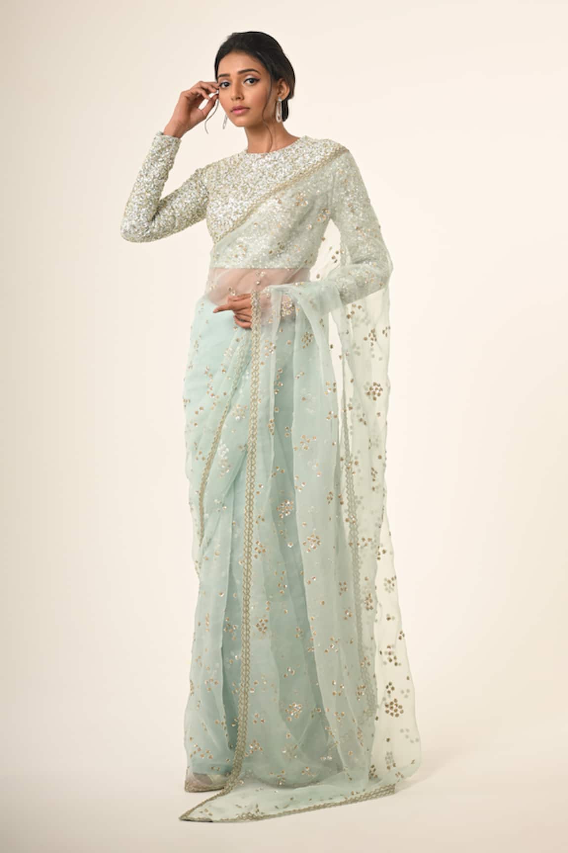 Couture By Niharika Powder Blue Designer Saree & Blouse Set 