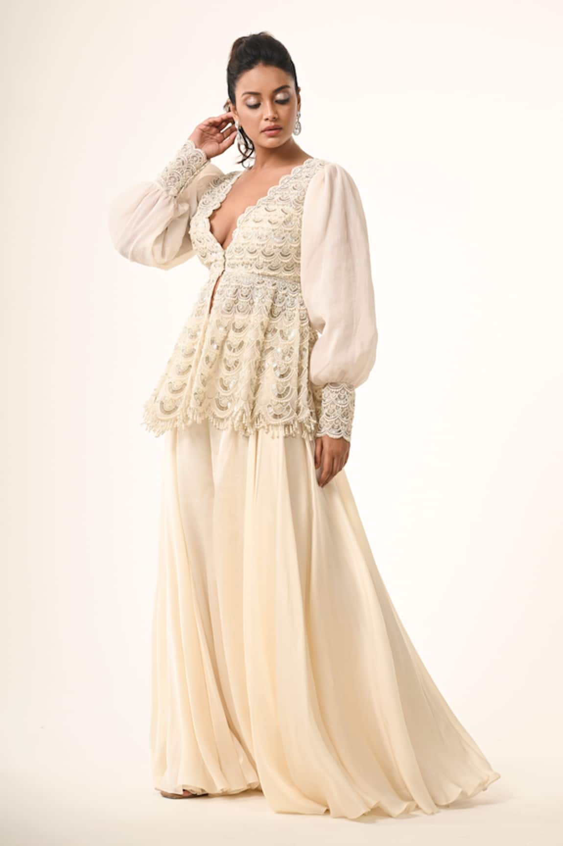 Couture By Niharika Ivory Organza Peplum Top & Pant Set 