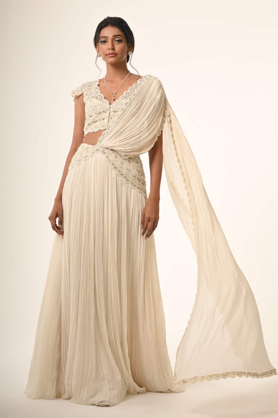 Couture By Niharika Designer Ivory Pre-Draped Lehenga Saree 