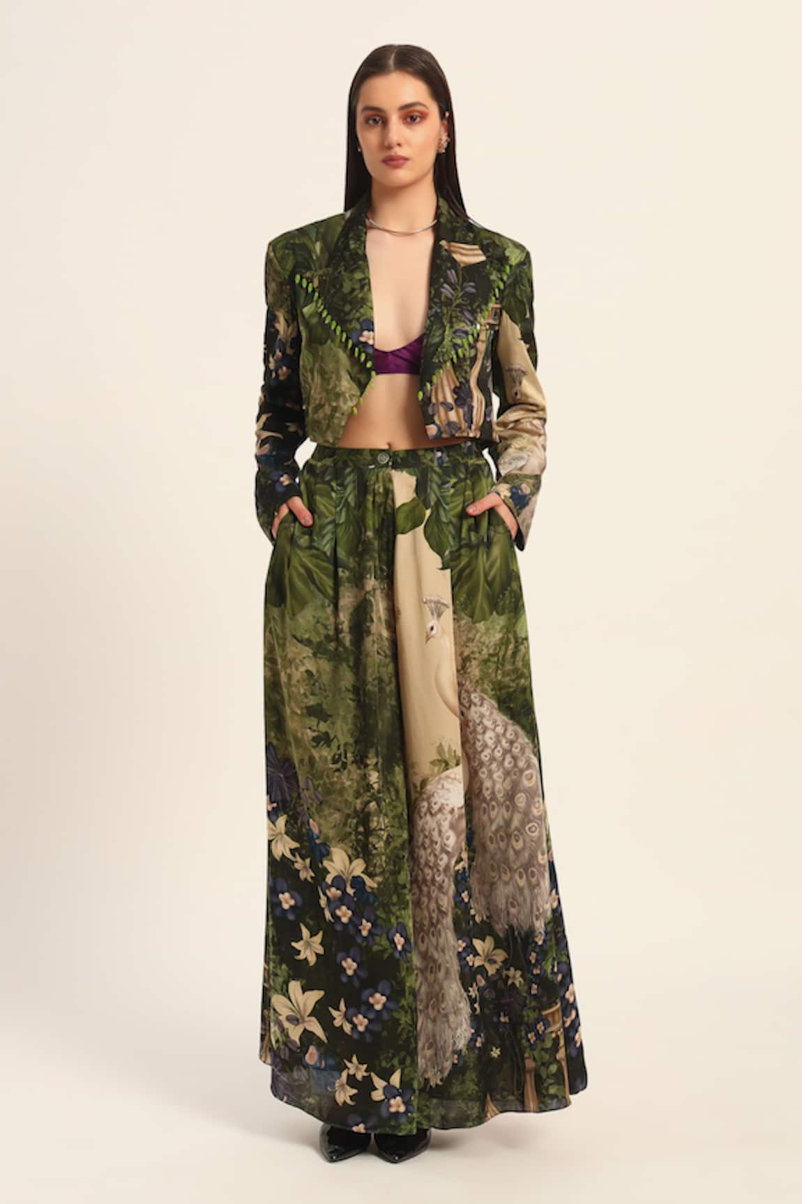 Ruhr India Multi Color Cropped Blazer & Dhoti Pant Set 
