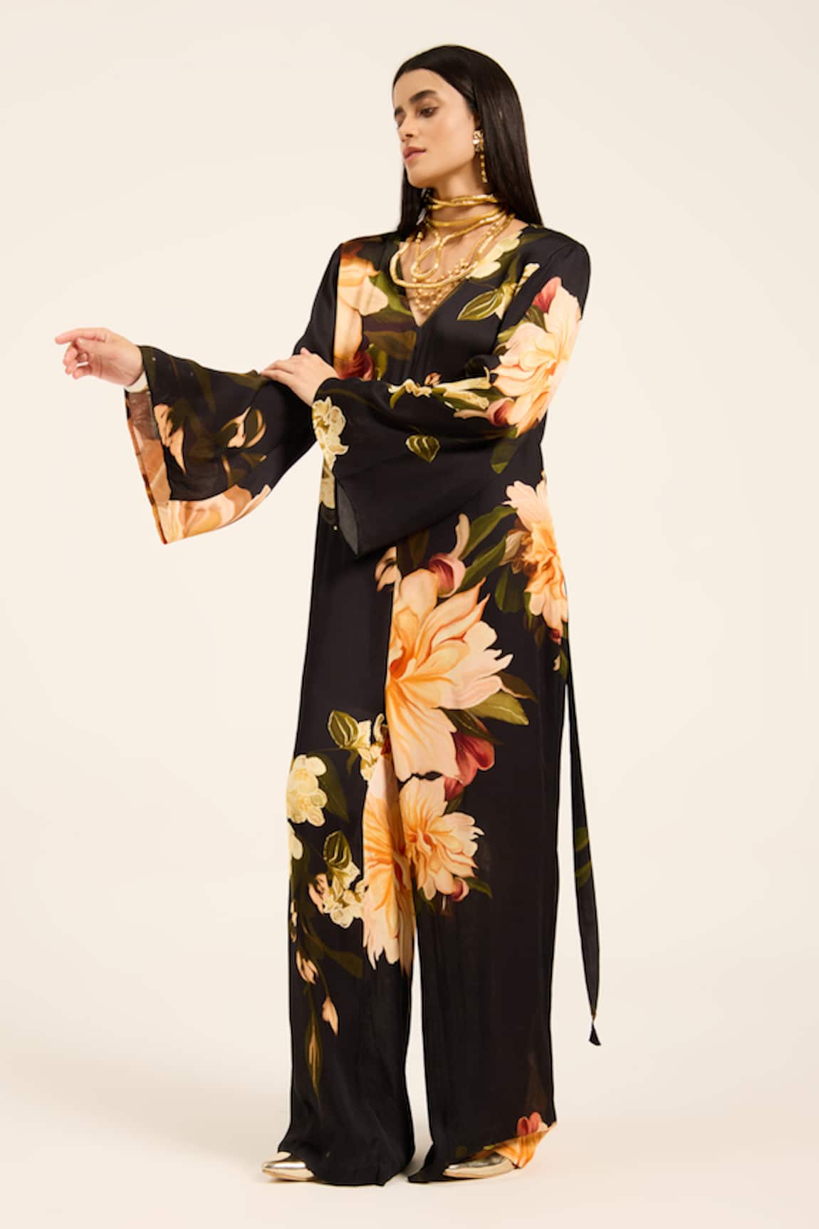 Ruhr India Floral Print Black Satin Jumpsuit