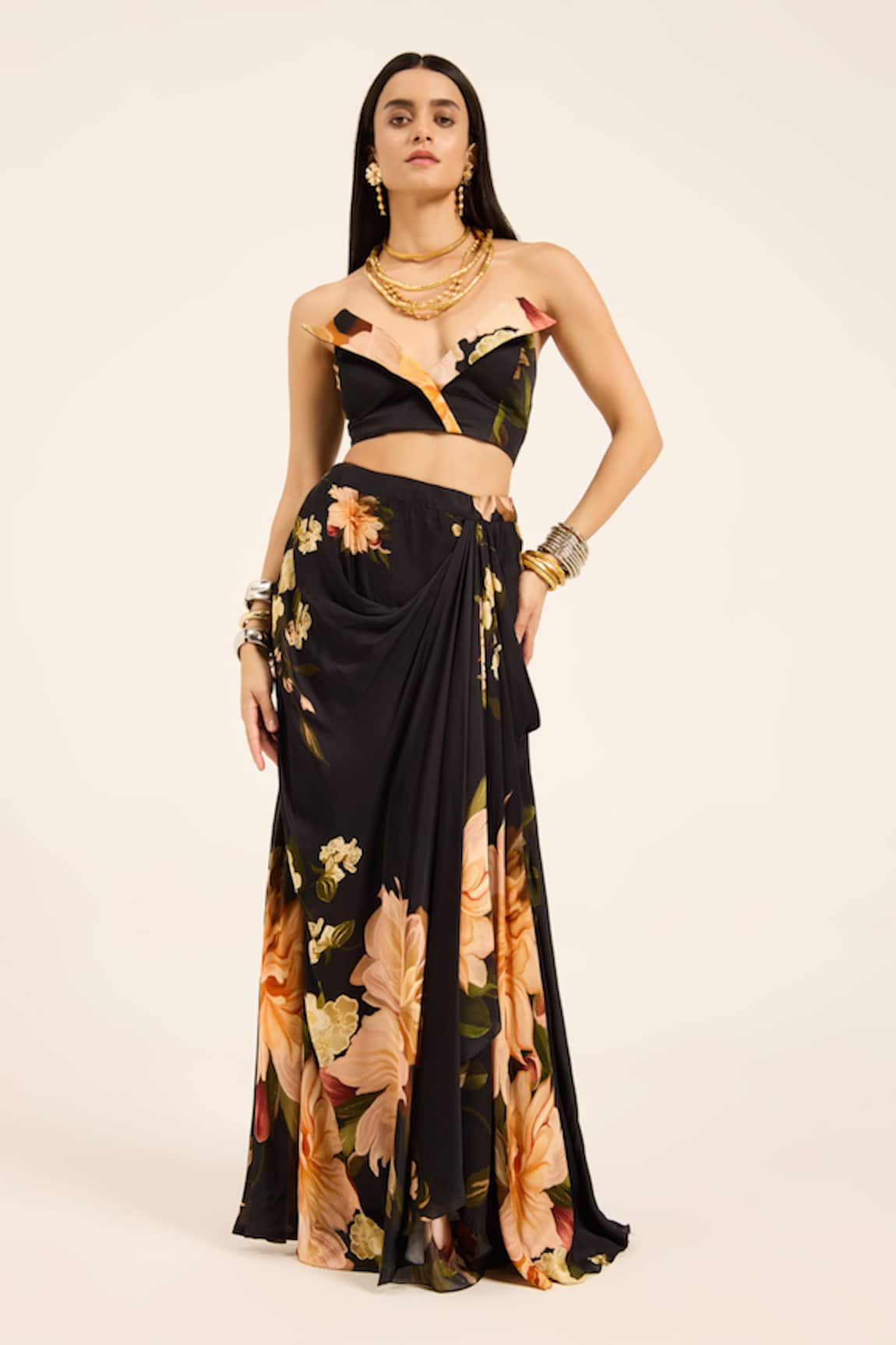 Ruhr India Floral Satin Crop Top & Dhoti Skirt Set 