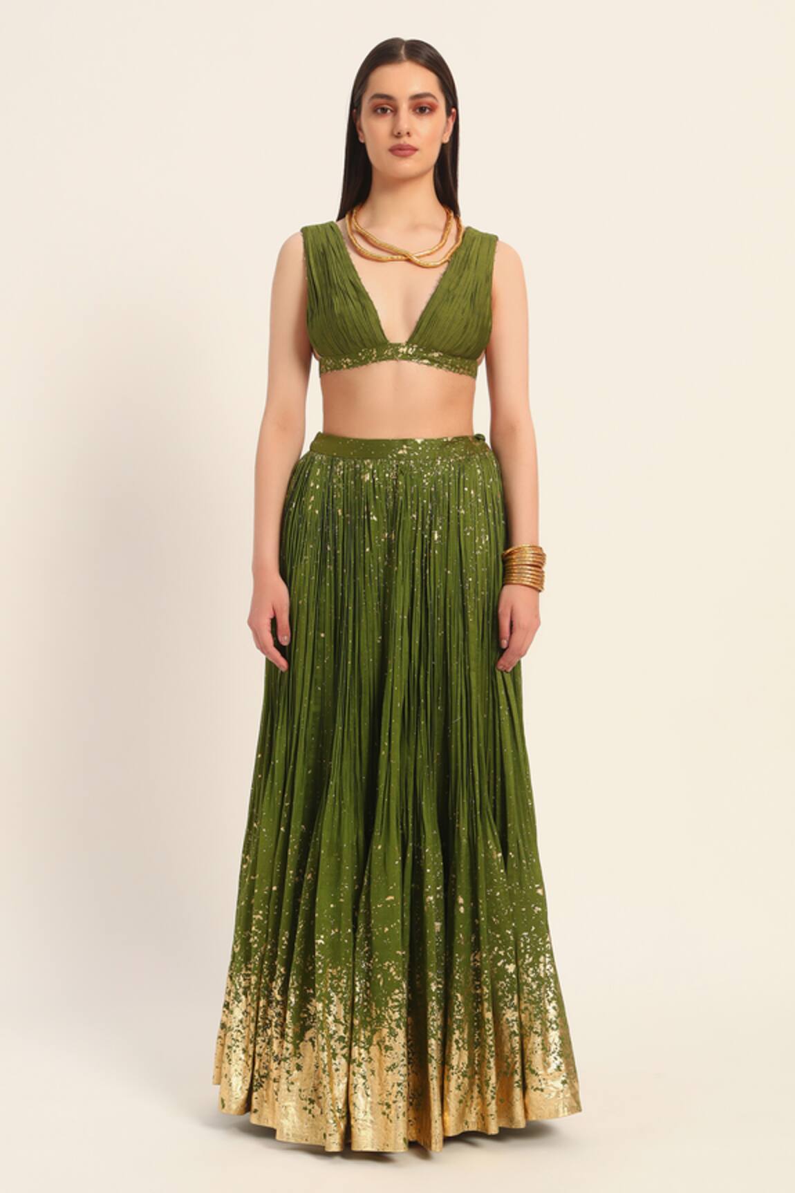 Ruhr India Green Silk Chanderi Top & Skirt Set 
