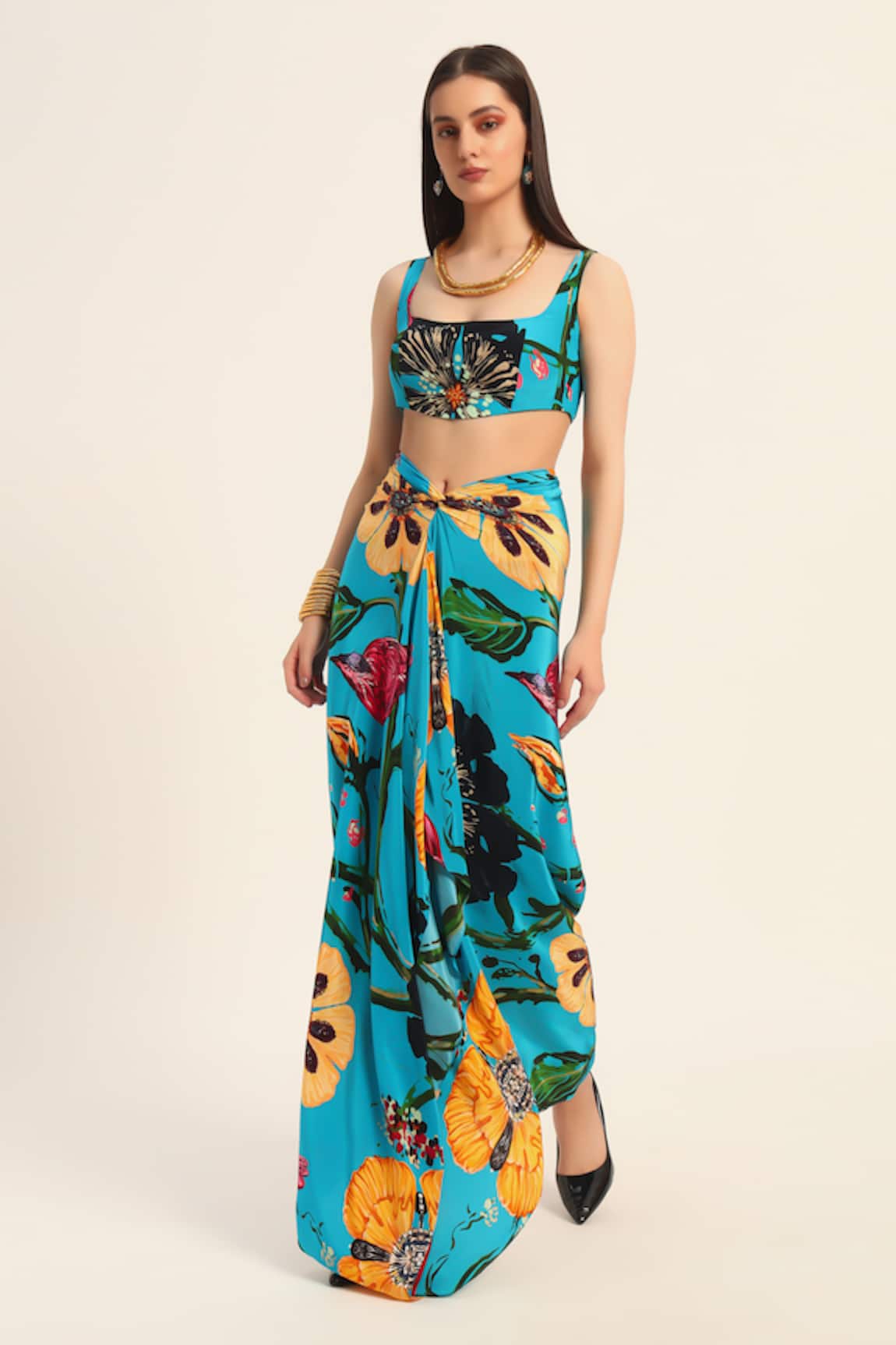 Ruhr India Floral Print Crop Top & Draped Skirt Set 